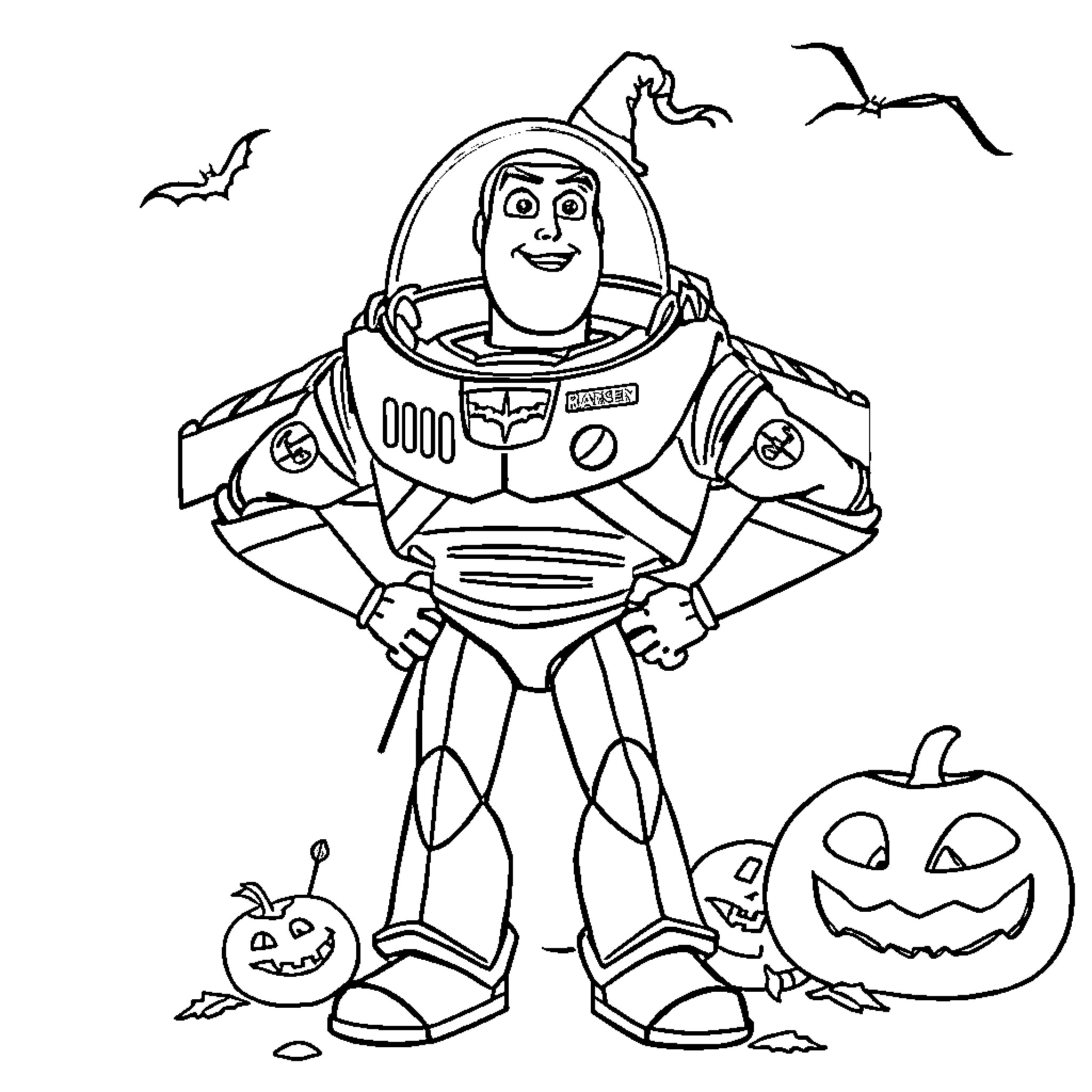 Buzz Lightyear in a Halloween costume with pumpkins Coloring Page (free black-and-white line drawing printable PDF for all, from beginners to advanced learners, including children, teens, adults, and seniors)