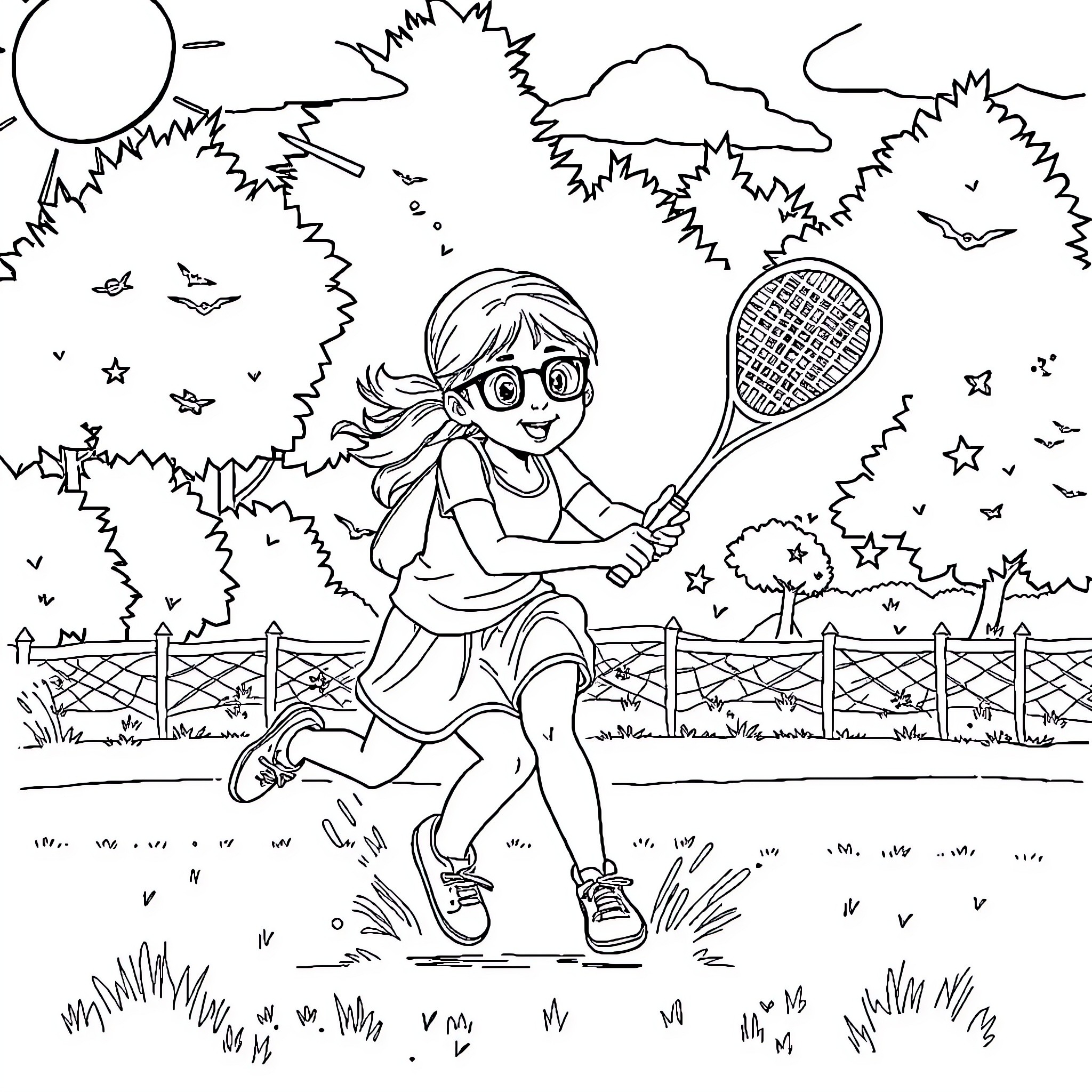 Emilie playing tennis with joy on the court Coloring Page (free black-and-white line drawing printable PDF for all, from beginners to advanced learners, including children, teens, adults, and seniors)