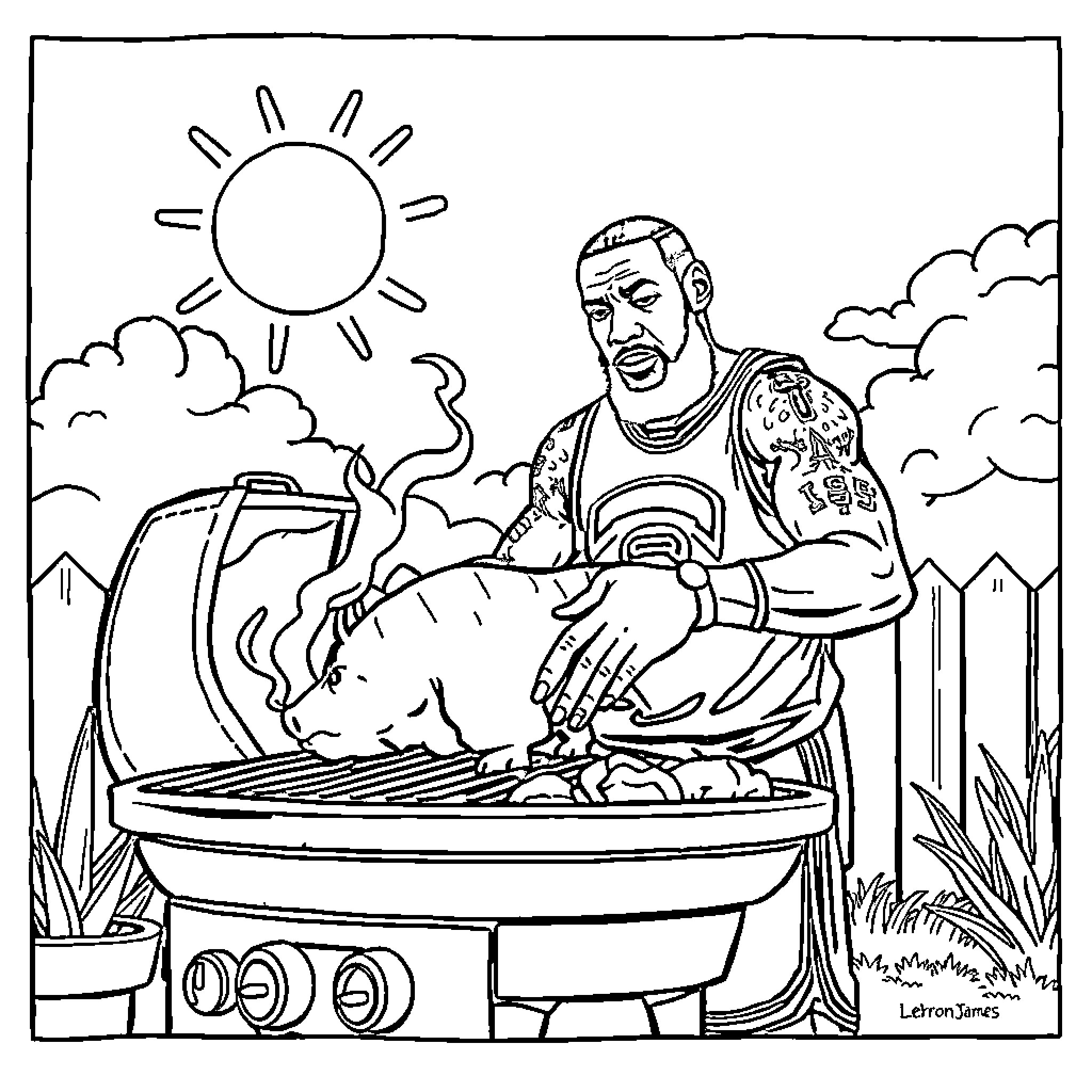 LeBron Cooking Up a Storm on the Grill Coloring Page (free black-and-white line drawing printable PDF for all, from beginners to advanced learners, including children, teens, adults, and seniors)