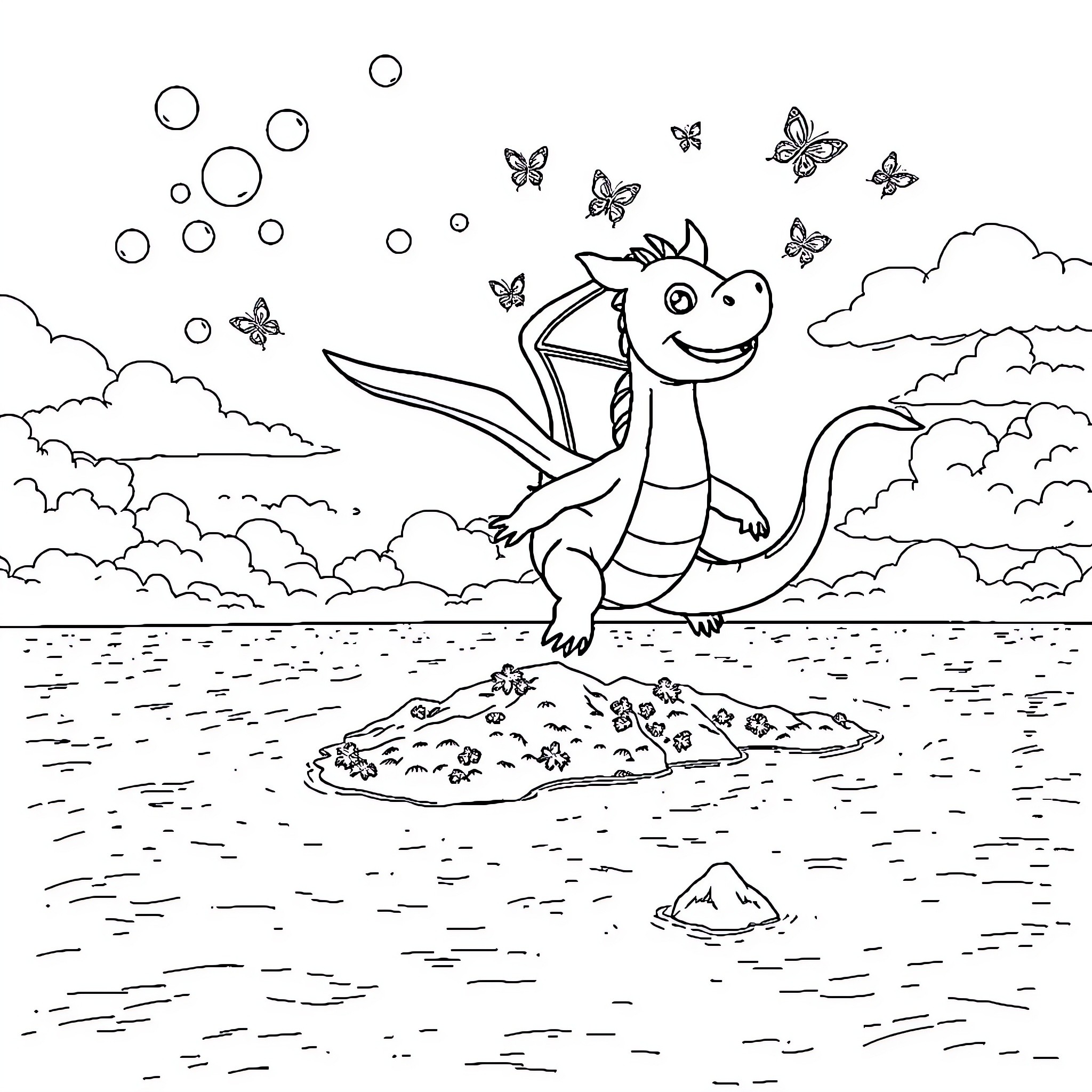 Dragon Playing Happily with Butterflies in the Sky Coloring Page (free black-and-white line drawing printable PDF for all, from beginners to advanced learners, including children, teens, adults, and seniors)