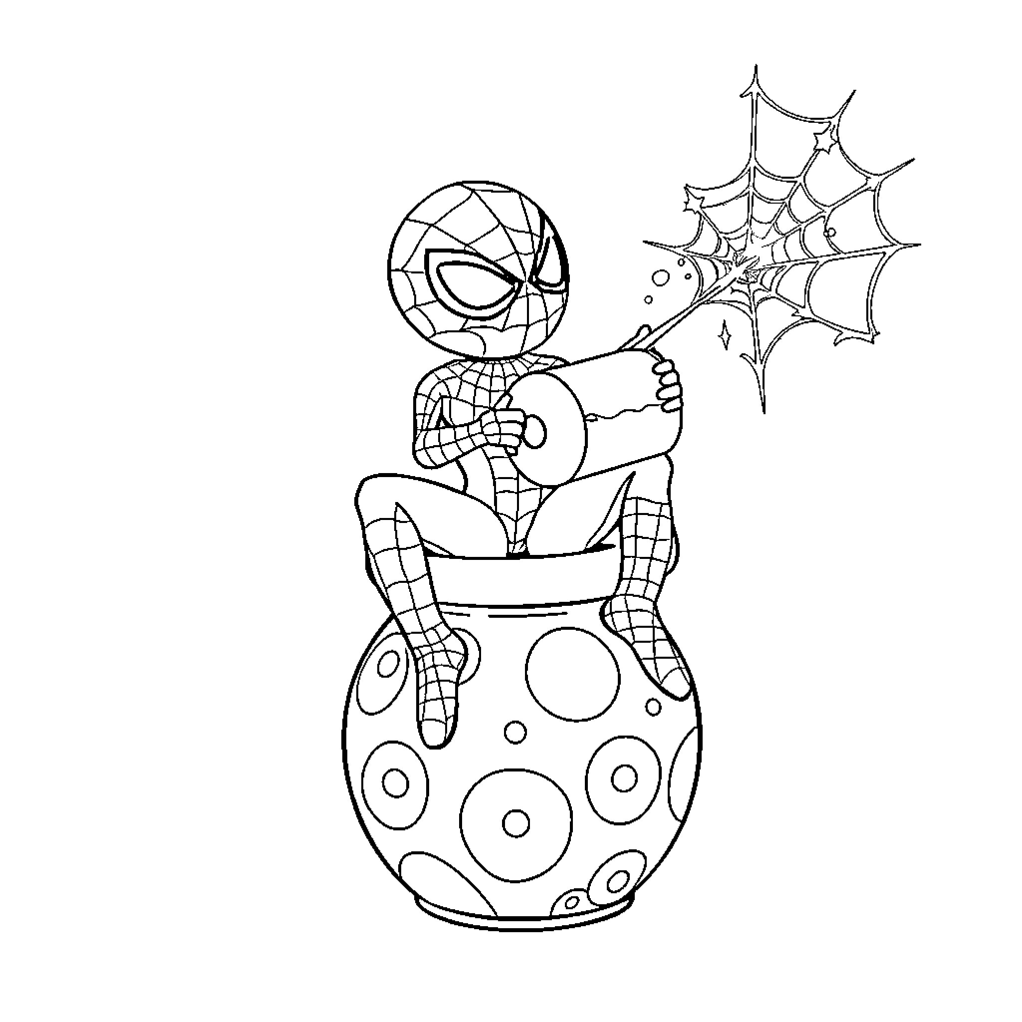 Spidey hanging on polka dot ball with spider web Coloring Page (free black-and-white line drawing printable PDF for all, from beginners to advanced learners, including children, teens, adults, and seniors)