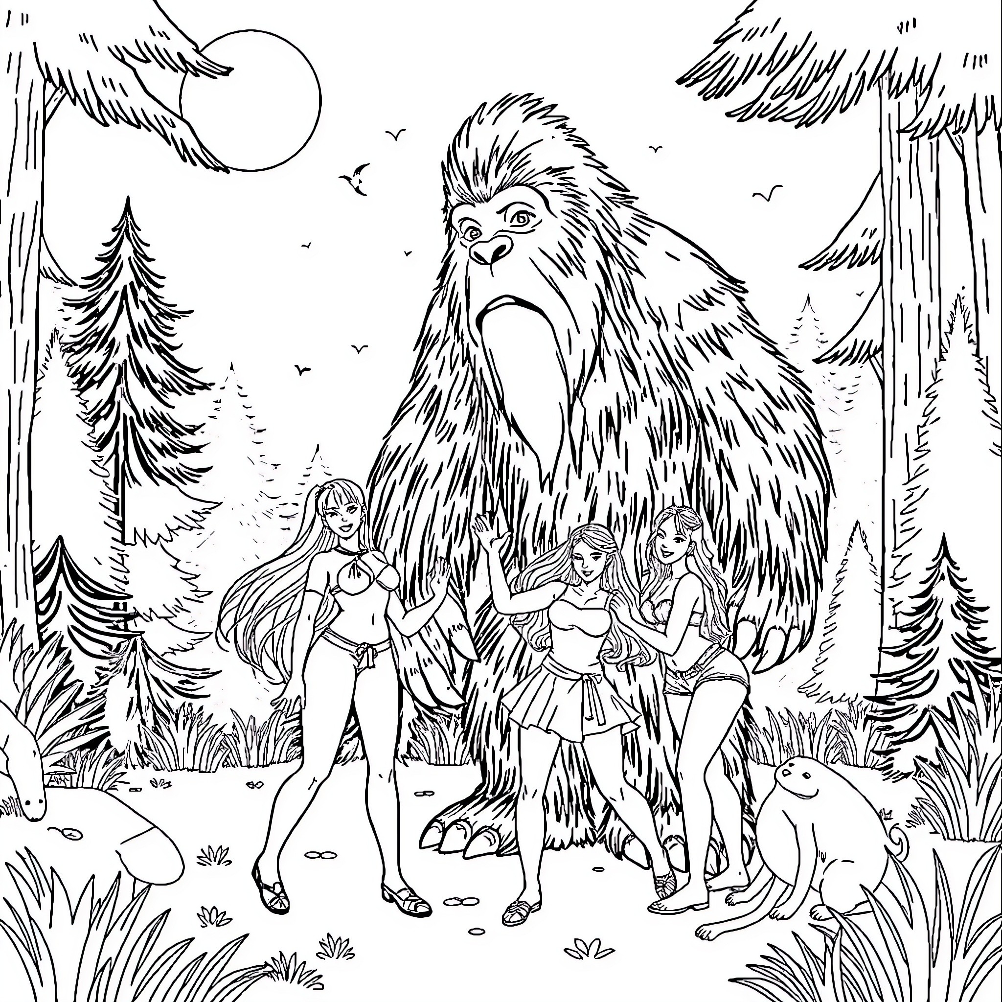 Trans Girls Explore the Enchanting Forest with Fantastical Creatures Coloring Page (free black-and-white line drawing printable PDF for all, from beginners to advanced learners, including children, teens, adults, and seniors)