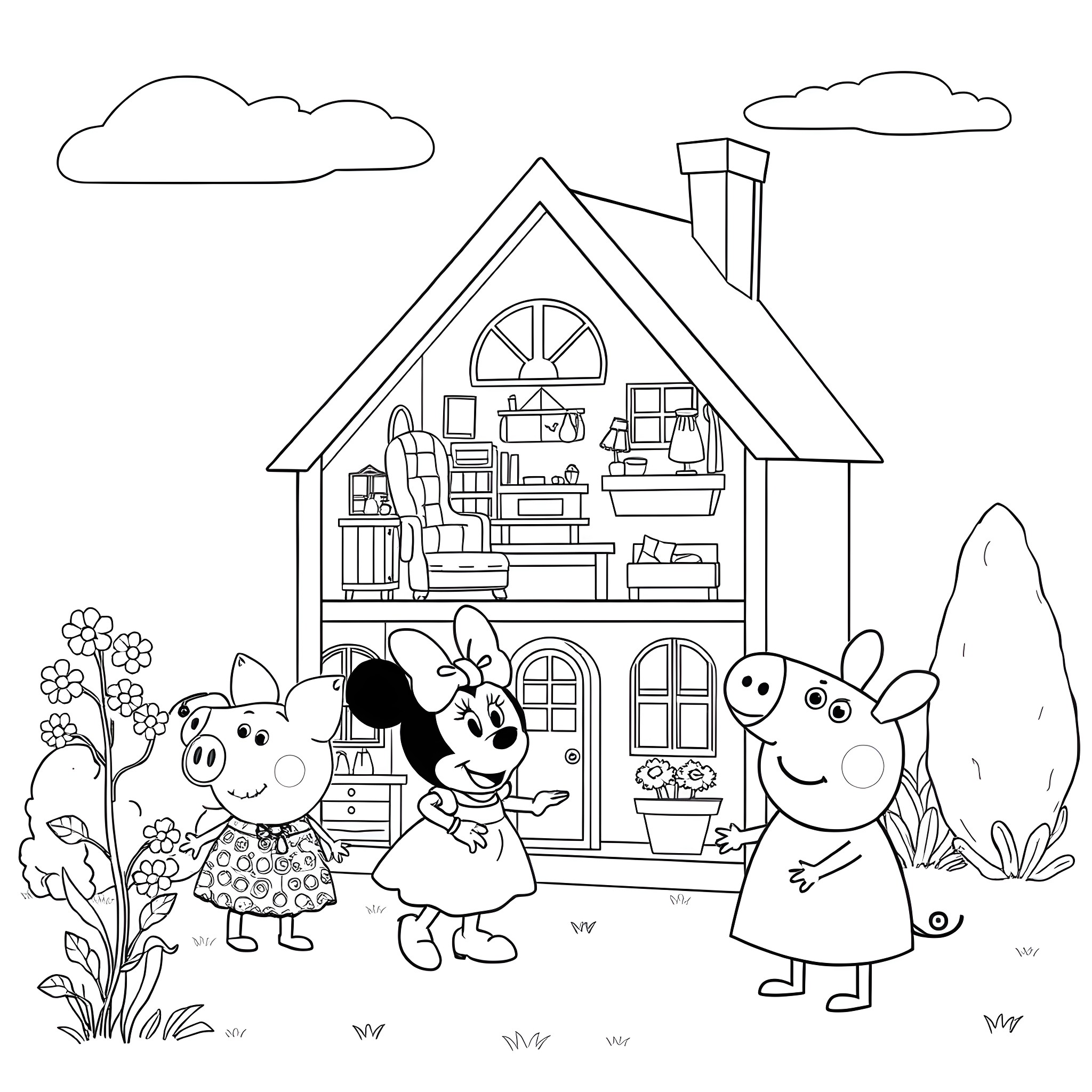 Dollhouse with cartoon characters playing outdoors Coloring Page (free black-and-white line drawing printable PDF for all, from beginners to advanced learners, including children, teens, adults, and seniors)