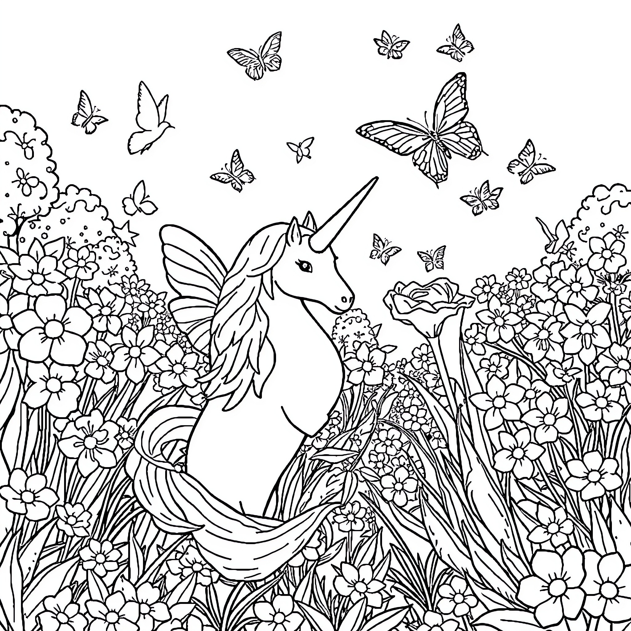Unicorn surrounded by whimsical butterflies and flowers Coloring Page (free black-and-white line drawing printable PDF for all, from beginners to advanced learners, including children, teens, adults, and seniors)