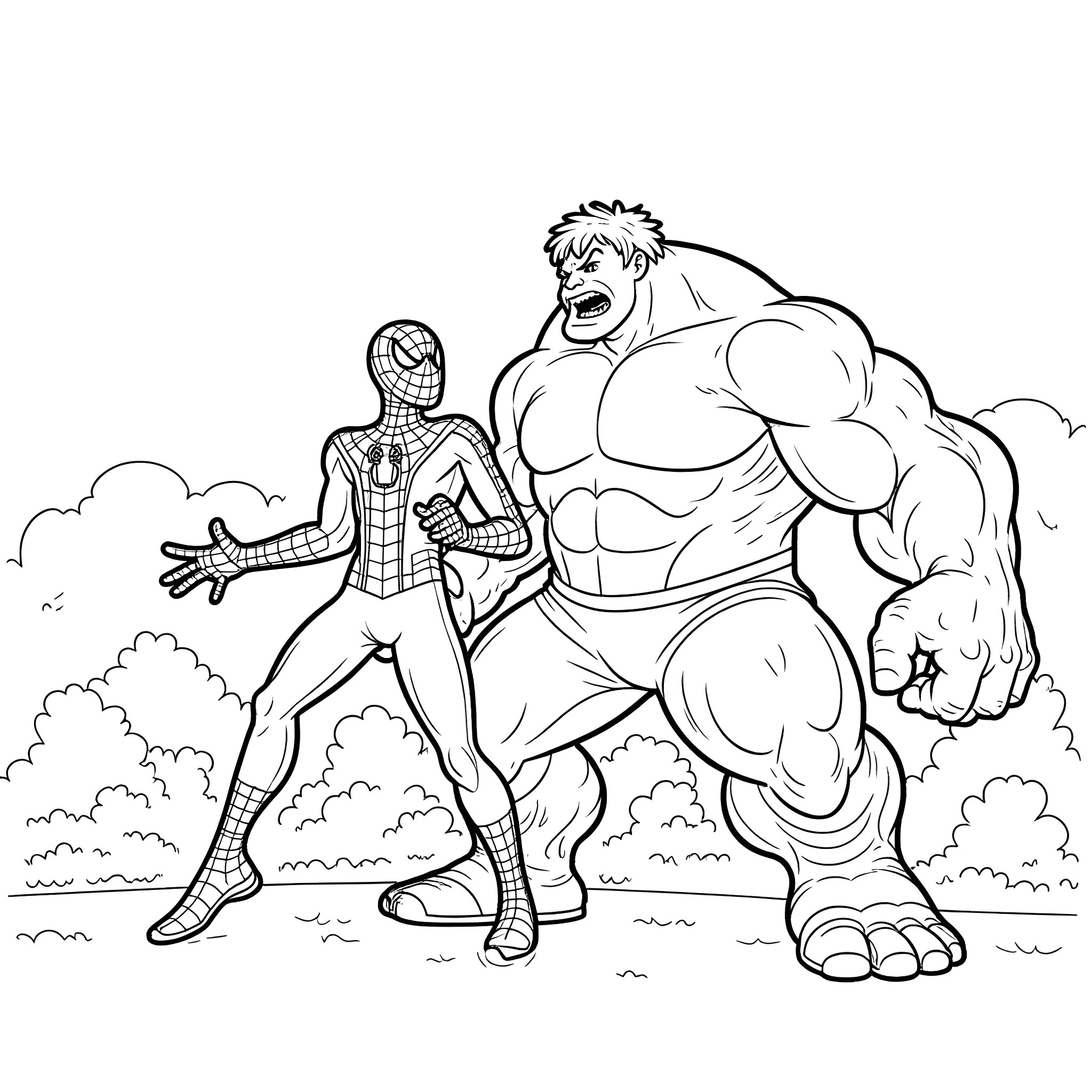 Spiderman battles a muscular opponent Coloring Page (free black-and-white line drawing printable PDF for all, from beginners to advanced learners, including children, teens, adults, and seniors)