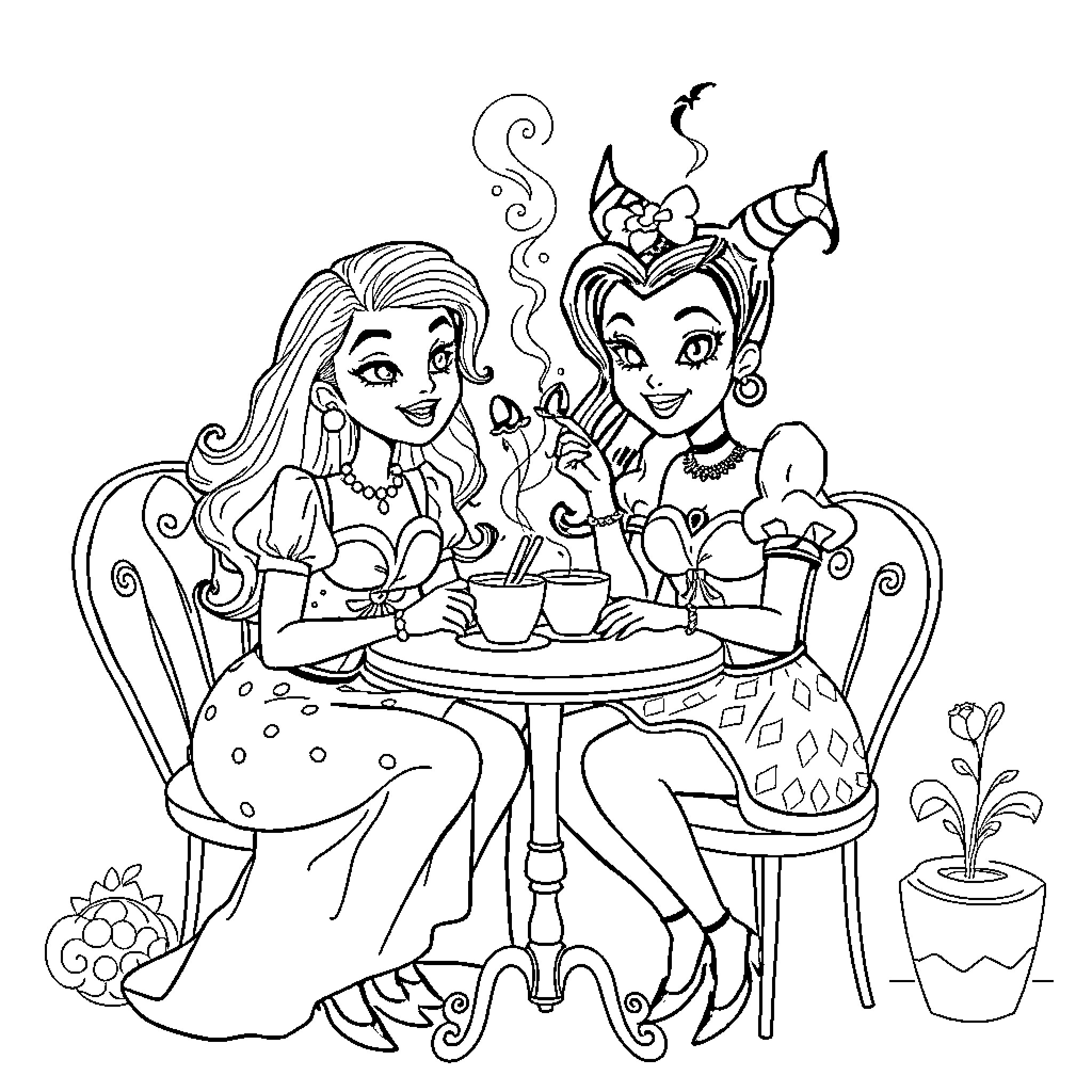 Snow White Enjoying Tea Time with Friends Coloring Page (free black-and-white line drawing printable PDF for all, from beginners to advanced learners, including children, teens, adults, and seniors)