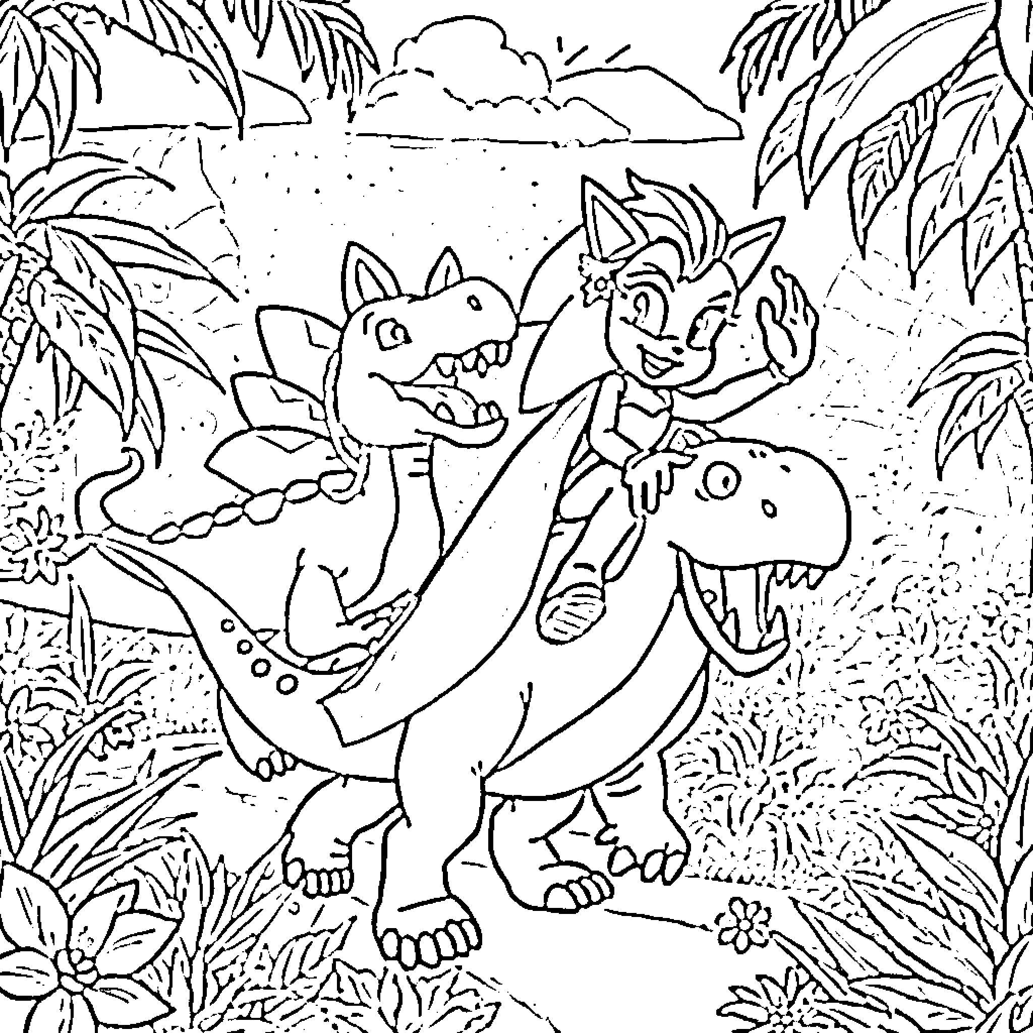 Elsa's Dinosaur Adventure Coloring Page (free black-and-white line drawing printable PDF for all, from beginners to advanced learners, including children, teens, adults, and seniors)