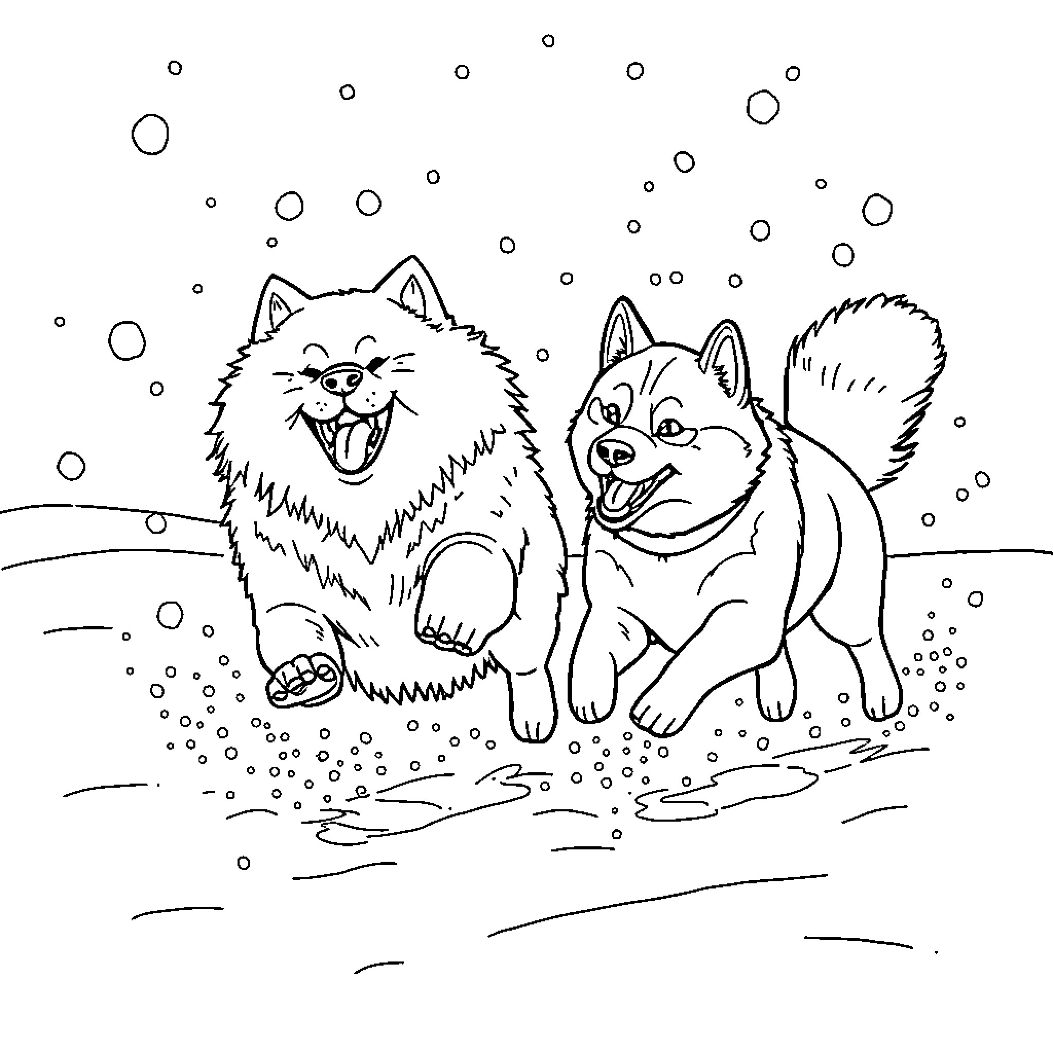 Dogs playing joyfully in the snow Coloring Page (free black-and-white line drawing printable PDF for all, from beginners to advanced learners, including children, teens, adults, and seniors)