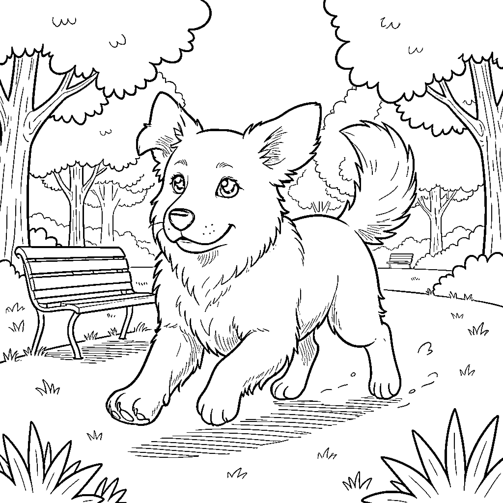 Dog enjoying a day in the park Coloring Page (free black-and-white line drawing printable PDF for all, from beginners to advanced learners, including children, teens, adults, and seniors)