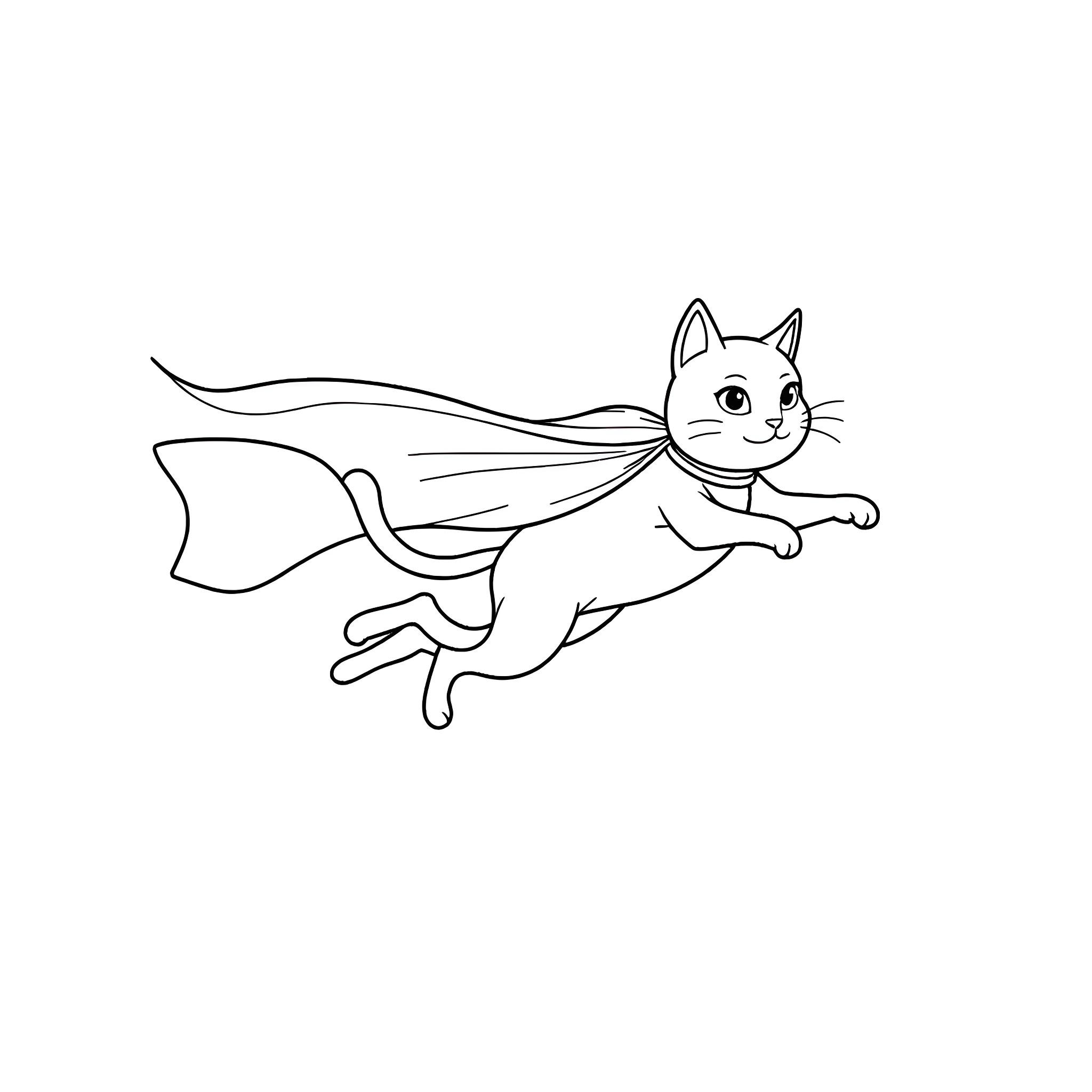 Cat flying with cape and wings Coloring Page (free black-and-white line drawing printable PDF for all, from beginners to advanced learners, including children, teens, adults, and seniors)