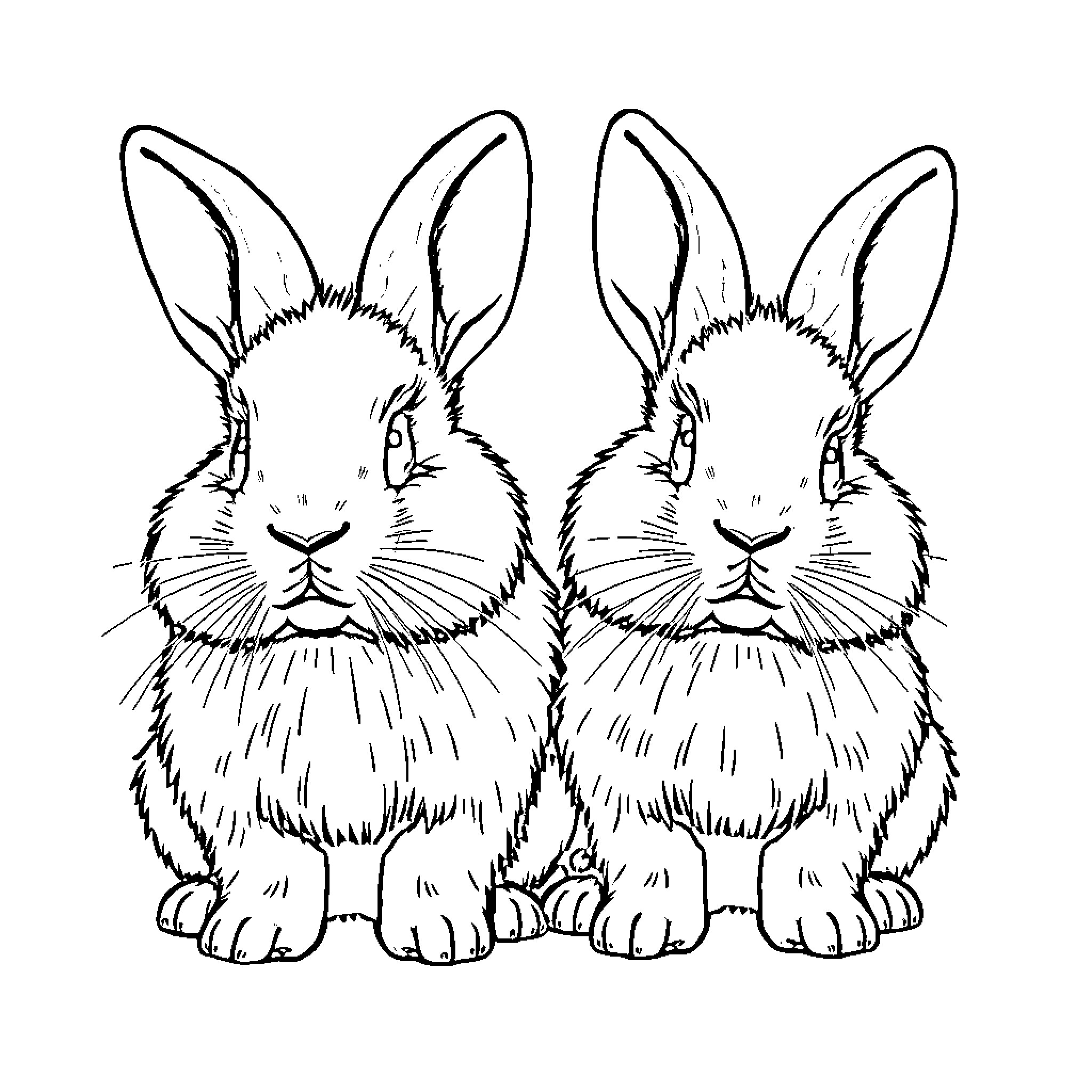 Rabbit pair posing together Coloring Page (free black-and-white line drawing printable PDF for all, from beginners to advanced learners, including children, teens, adults, and seniors)