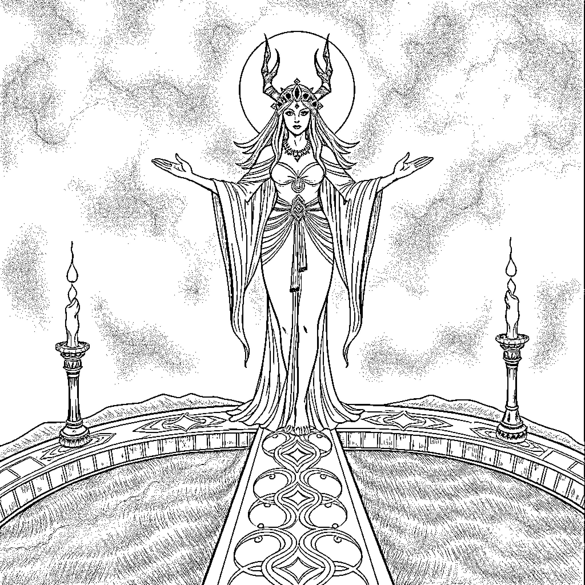 Hecate, Goddess of Crossroads, Guiding the Way Coloring Page (free black-and-white line drawing printable PDF for all, from beginners to advanced learners, including children, teens, adults, and seniors)