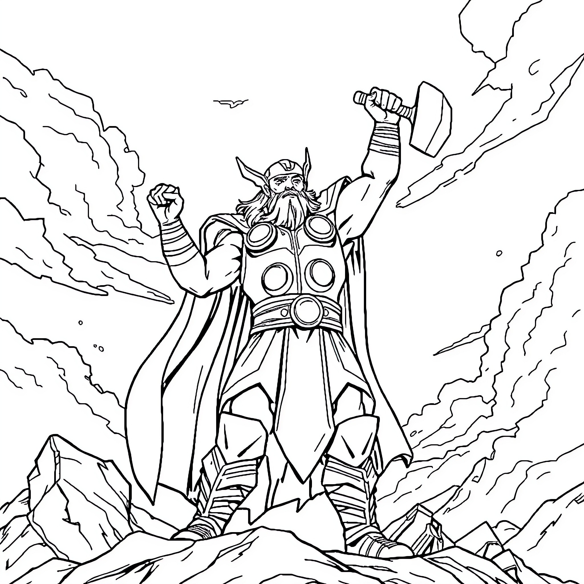 Thor facing powerful forces in dramatic action Coloring Page (free black-and-white line drawing printable PDF for all, from beginners to advanced learners, including children, teens, adults, and seniors)