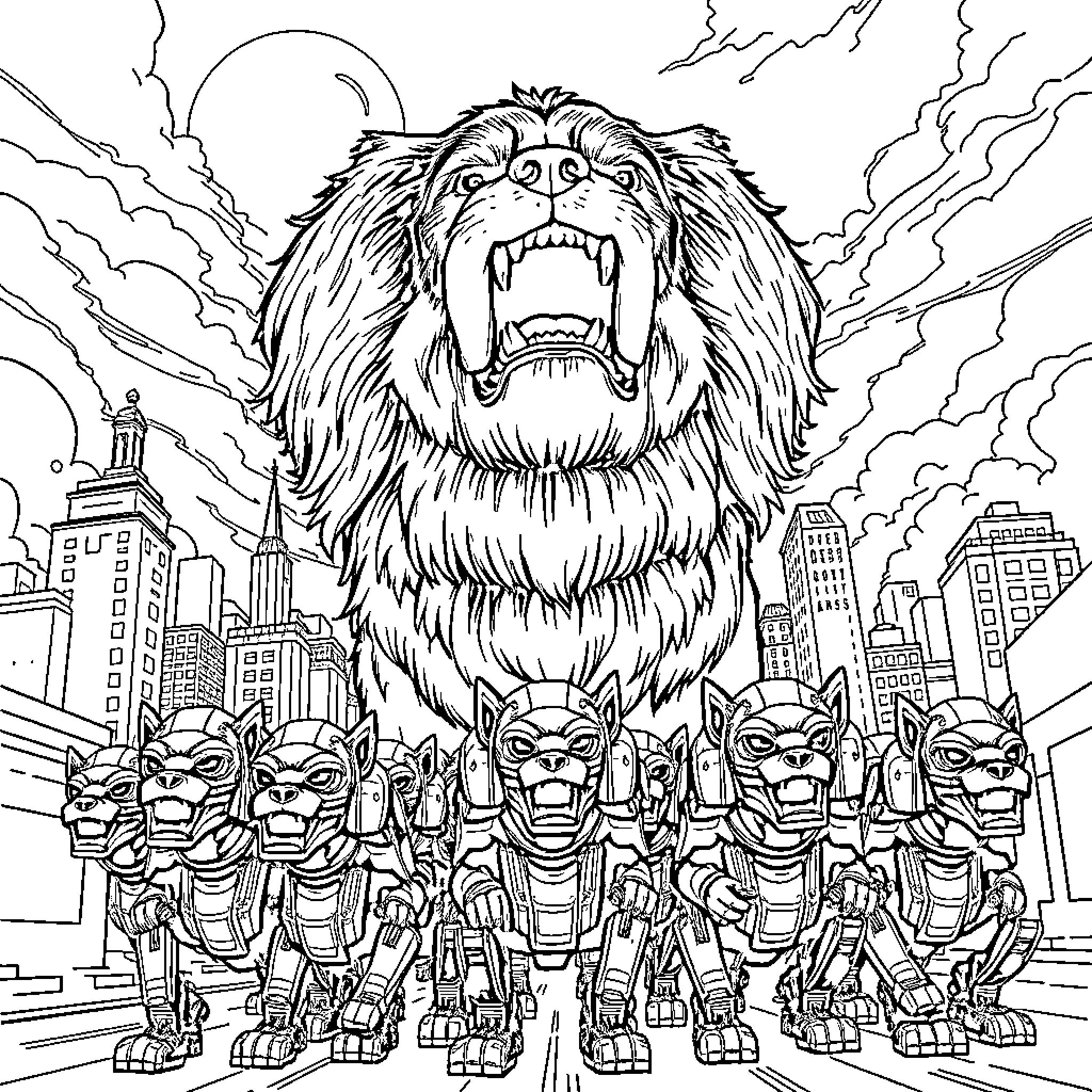 Dog Leads Fierce-Looking Robot Minions in Destroyed City Coloring Page (free black-and-white line drawing printable PDF for all, from beginners to advanced learners, including children, teens, adults, and seniors)