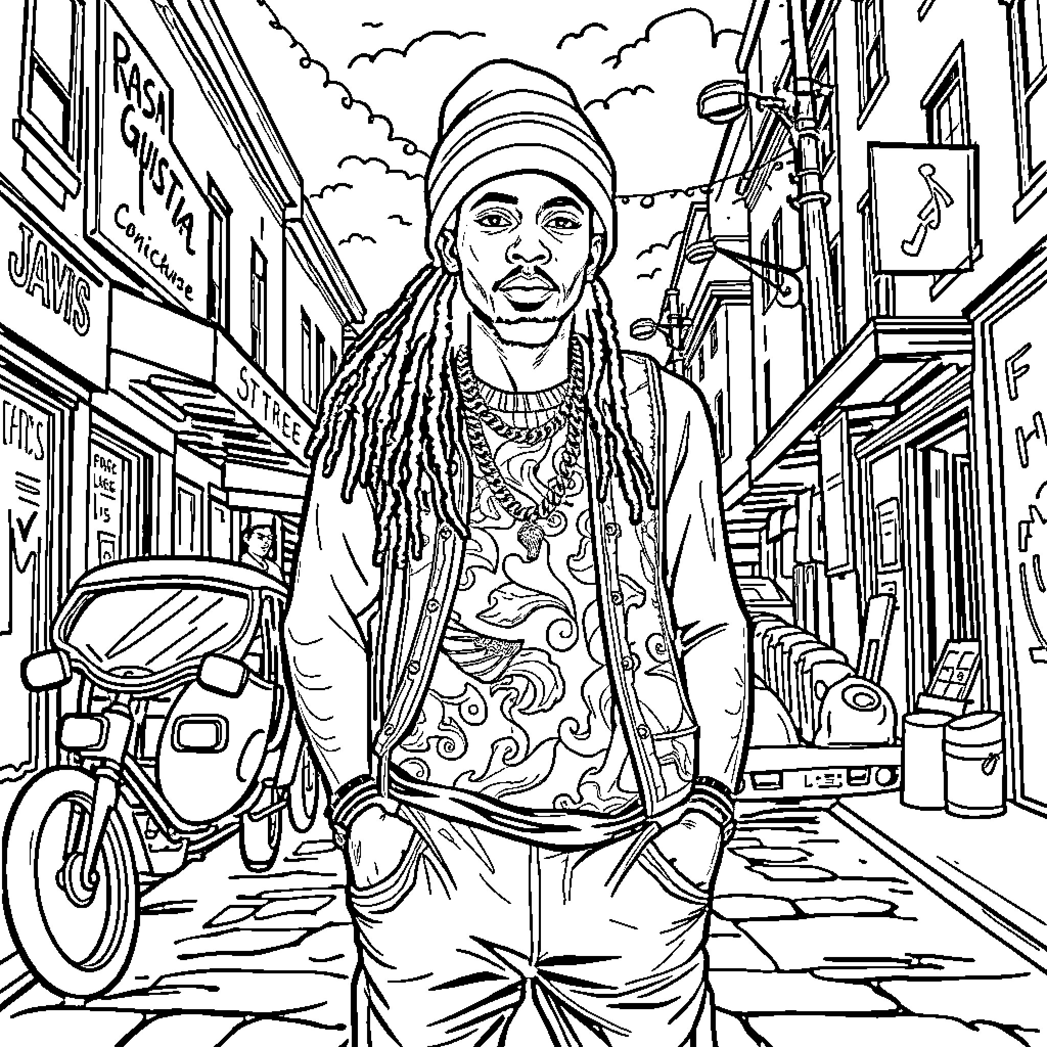 Youth walking down the city street Coloring Page (free black-and-white line drawing printable PDF for all, from beginners to advanced learners, including children, teens, adults, and seniors)