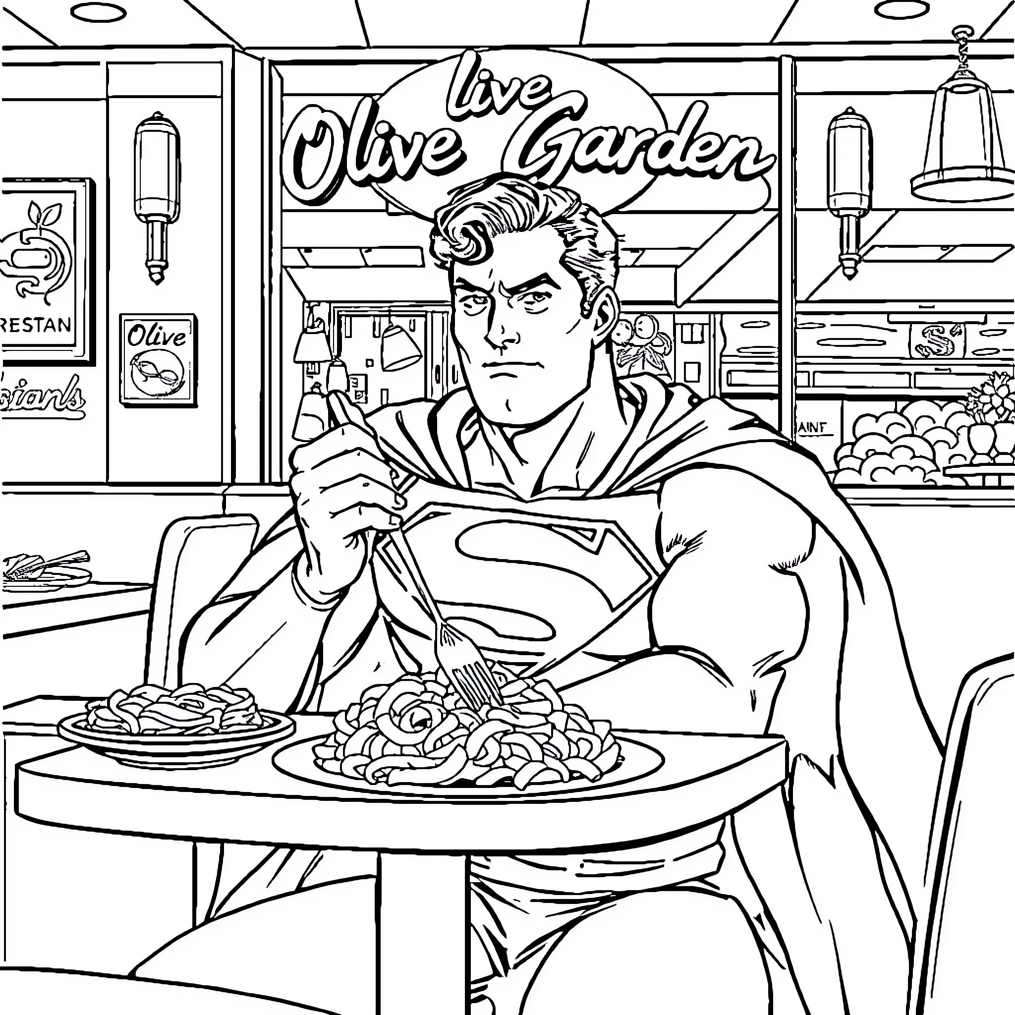 Superman Dining at the Olive Garden Coloring Page (free black-and-white line drawing printable PDF for all, from beginners to advanced learners, including children, teens, adults, and seniors)