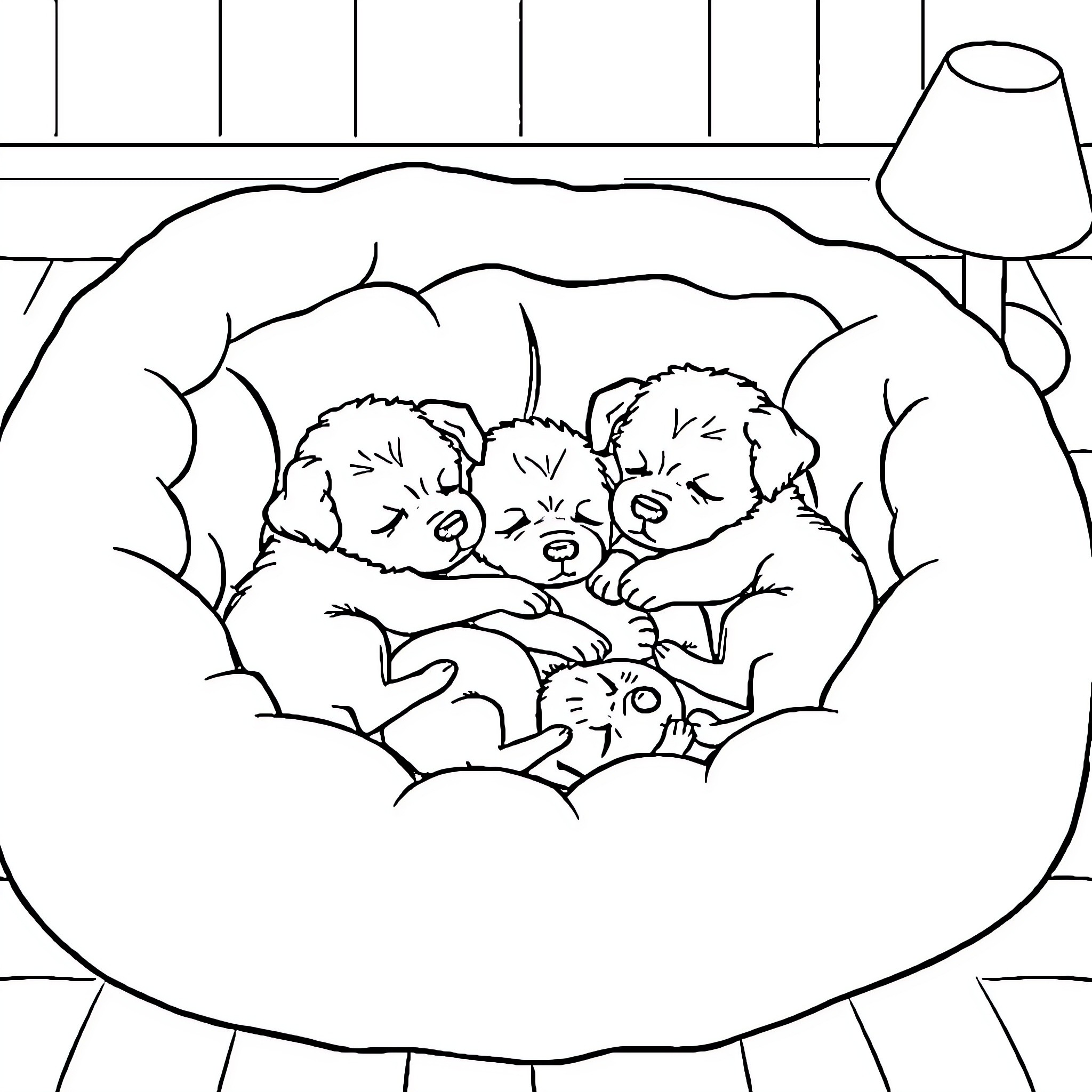 Puppy Siblings Cuddling in Cozy Bed Coloring Page (free black-and-white line drawing printable PDF for all, from beginners to advanced learners, including children, teens, adults, and seniors)