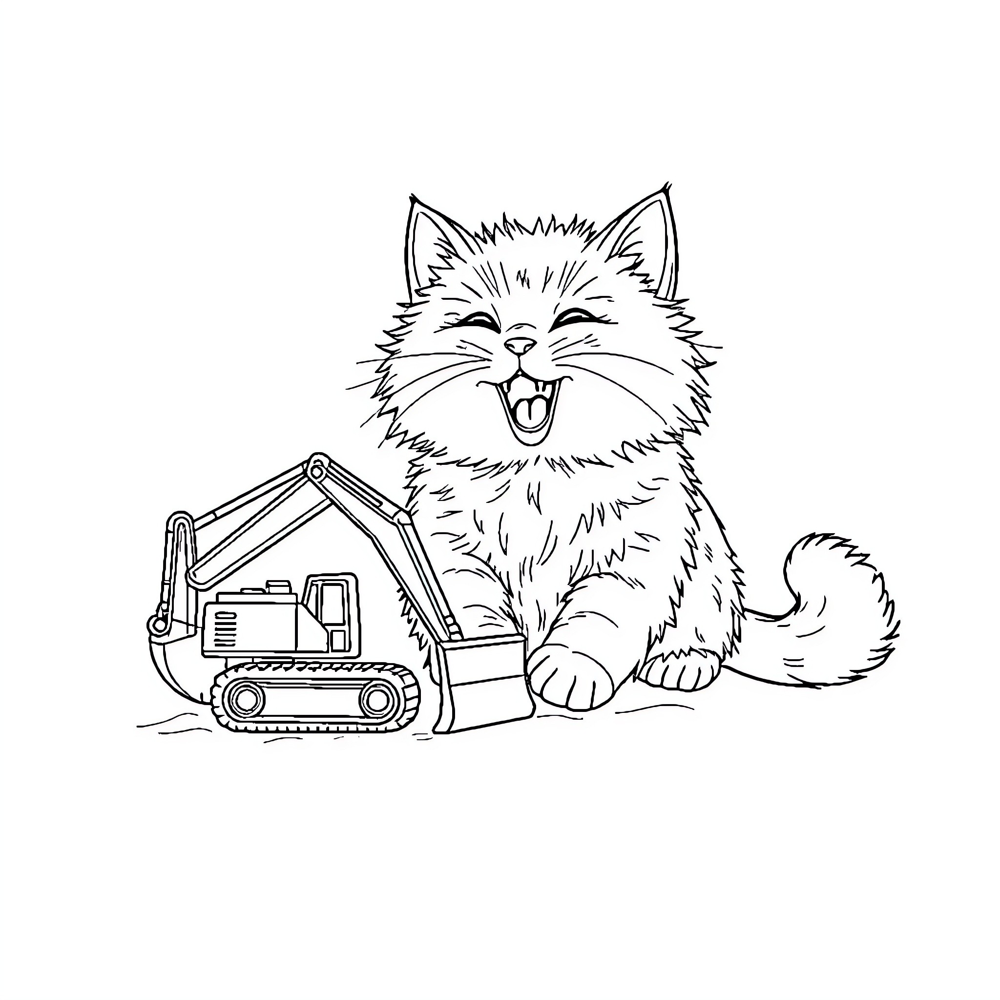 Cat excited about construction equipment Coloring Page (free black-and-white line drawing printable PDF for all, from beginners to advanced learners, including children, teens, adults, and seniors)