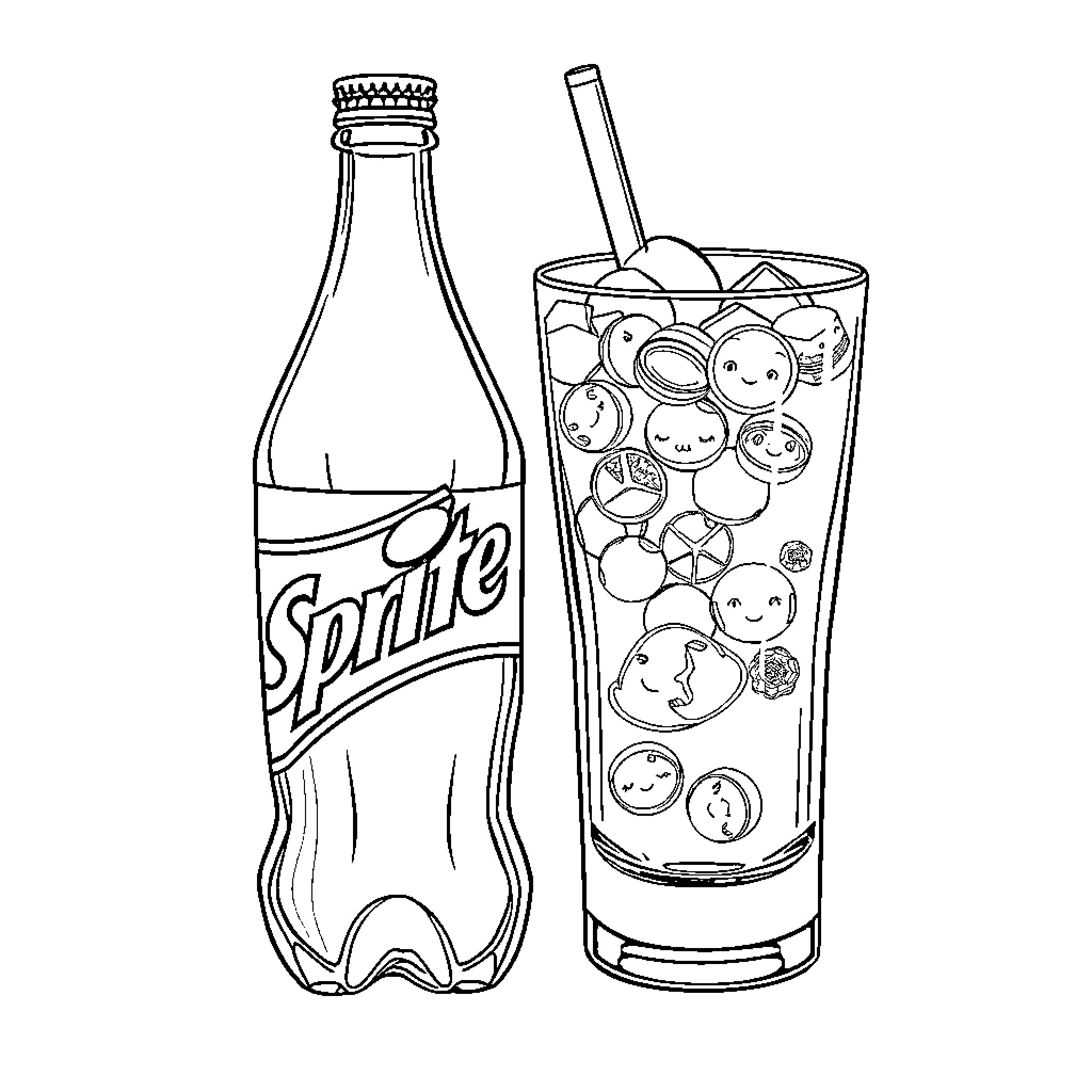 Sprite Bottle with Smiling Beverage Bubbles Coloring Page (free black-and-white line drawing printable PDF for all, from beginners to advanced learners, including children, teens, adults, and seniors)