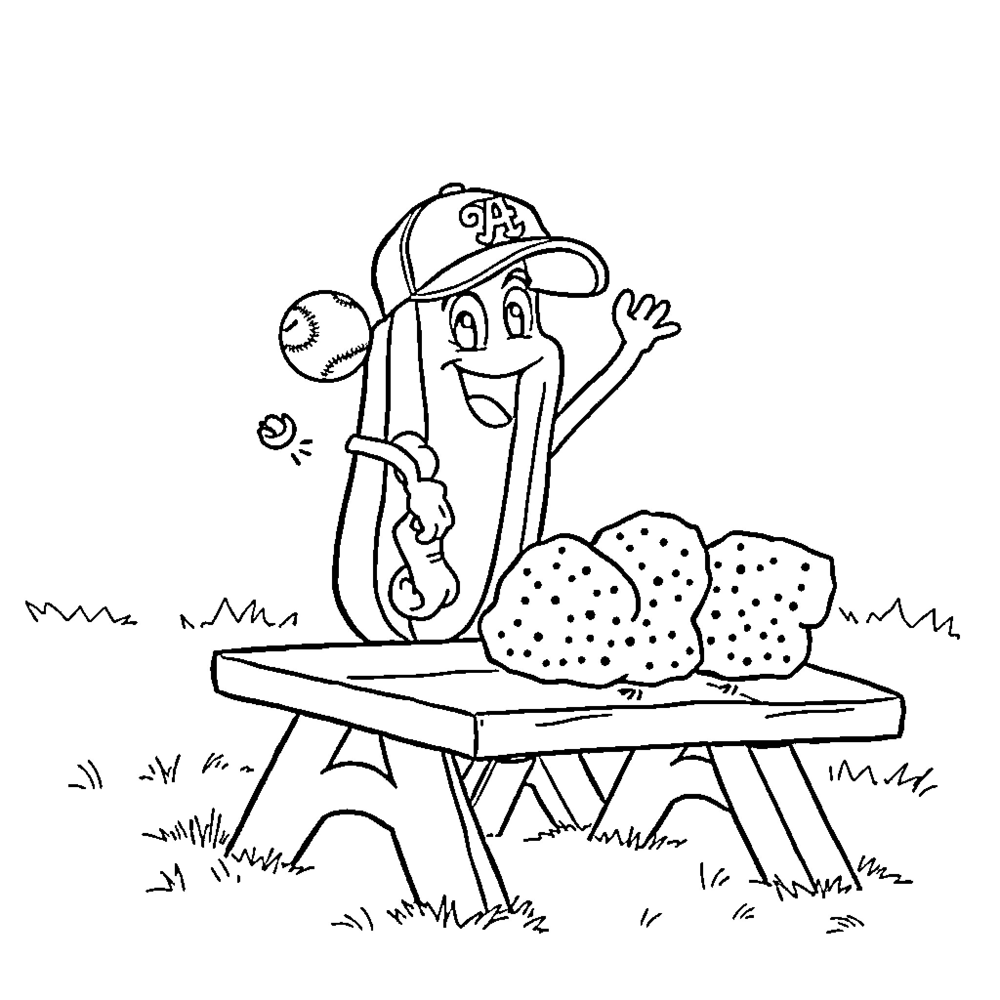 Hotdog serving up a delicious snack at the park Coloring Page (free black-and-white line drawing printable PDF for all, from beginners to advanced learners, including children, teens, adults, and seniors)