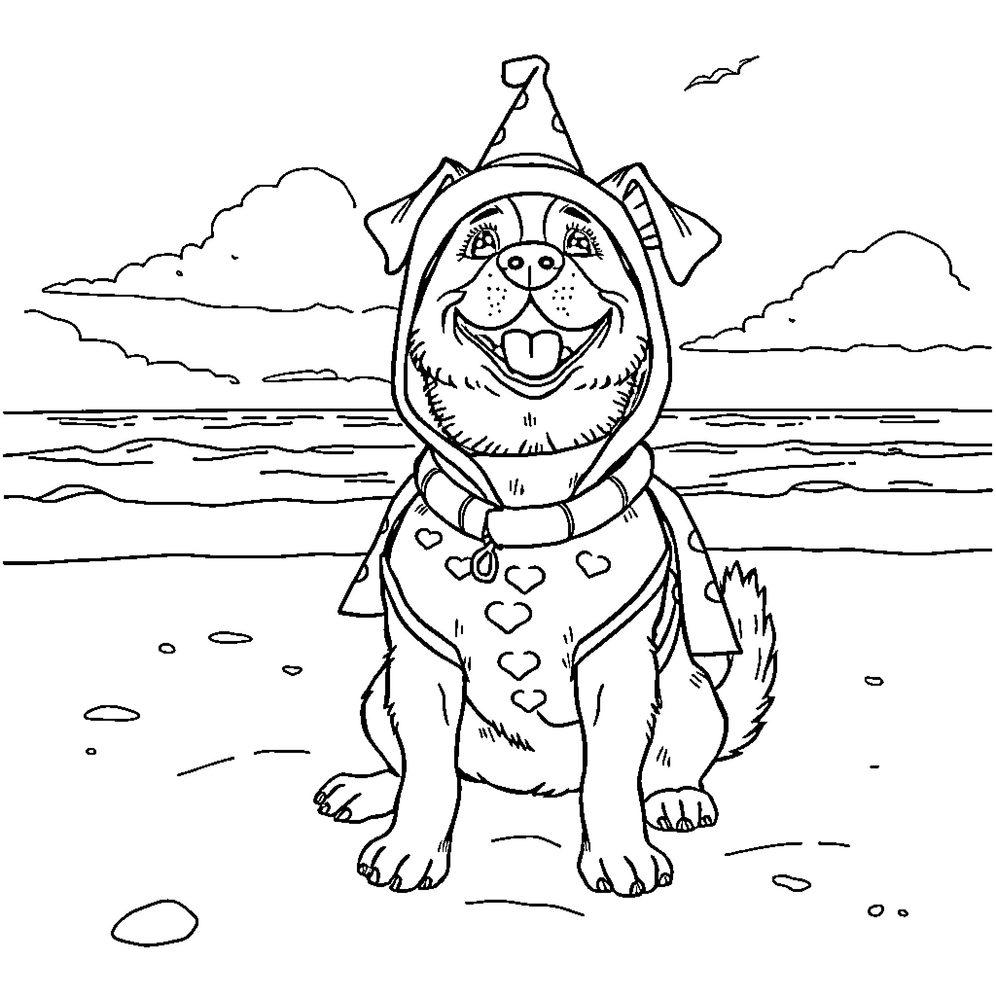Dog wearing party hat by the sea Coloring Page (free black-and-white line drawing printable PDF for all, from beginners to advanced learners, including children, teens, adults, and seniors)