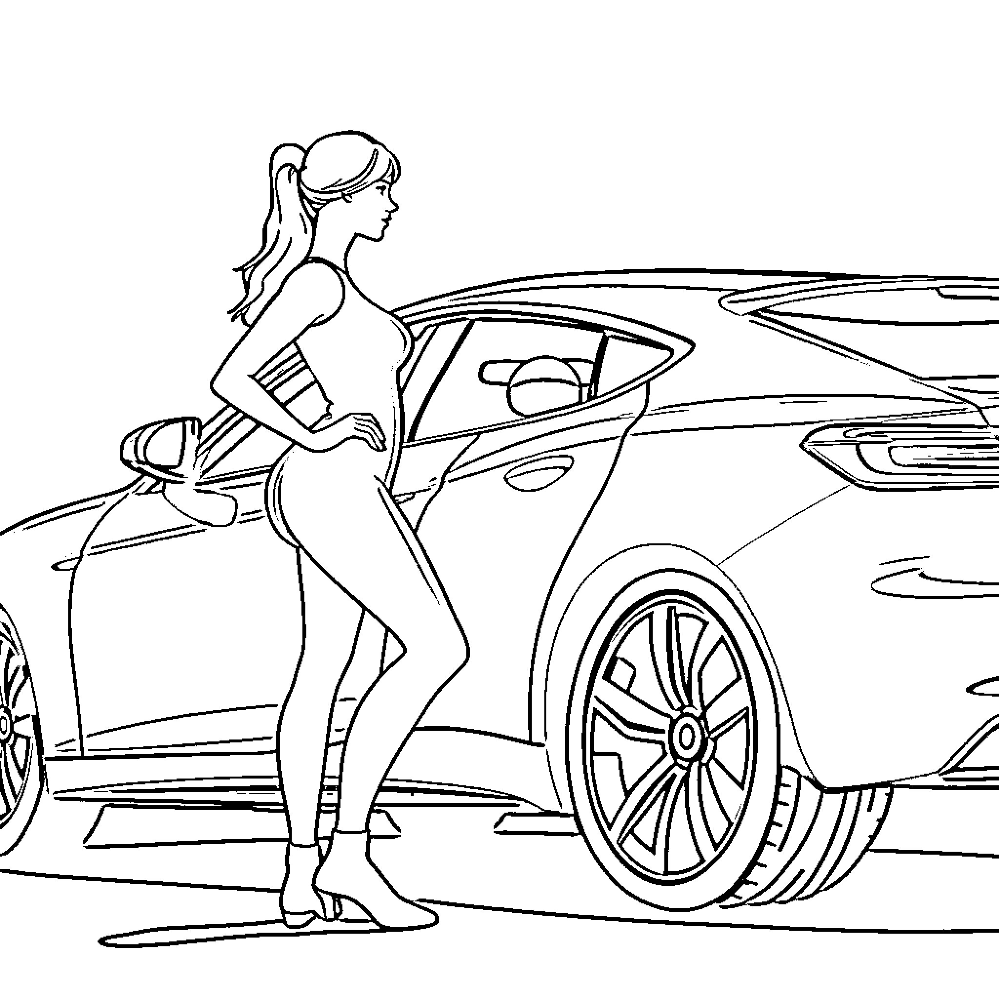 Shadow of Woman Beside Luxurious Vehicle Coloring Page (free black-and-white line drawing printable PDF for all, from beginners to advanced learners, including children, teens, adults, and seniors)