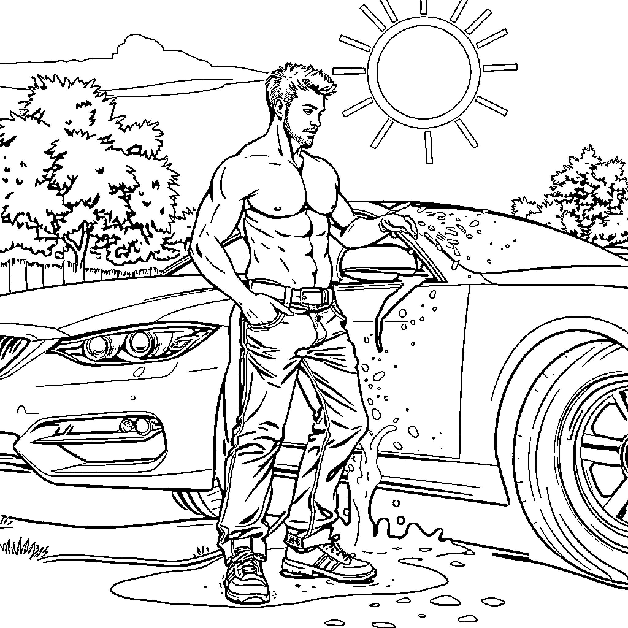 Man washing his car on a sunny day Coloring Page (free black-and-white line drawing printable PDF for all, from beginners to advanced learners, including children, teens, adults, and seniors)