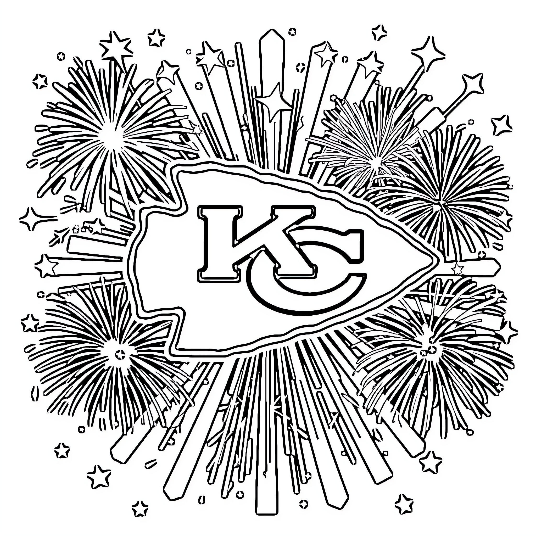 Kansas City Chiefs Celebrating Victory with Fireworks Coloring Page (free black-and-white line drawing printable PDF for all, from beginners to advanced learners, including children, teens, adults, and seniors)