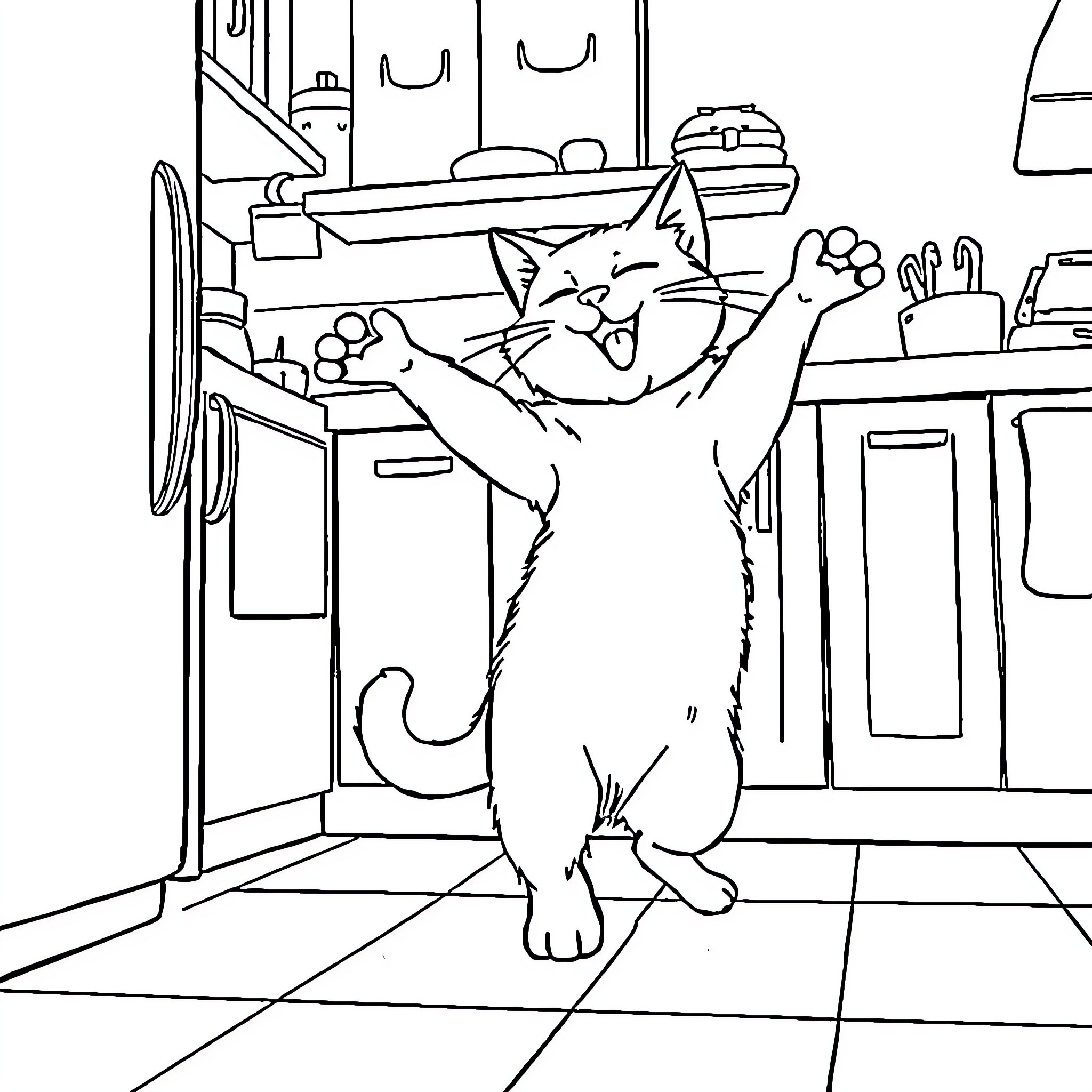 Cat exploring curious kitchen environment Coloring Page (free black-and-white line drawing printable PDF for all, from beginners to advanced learners, including children, teens, adults, and seniors)