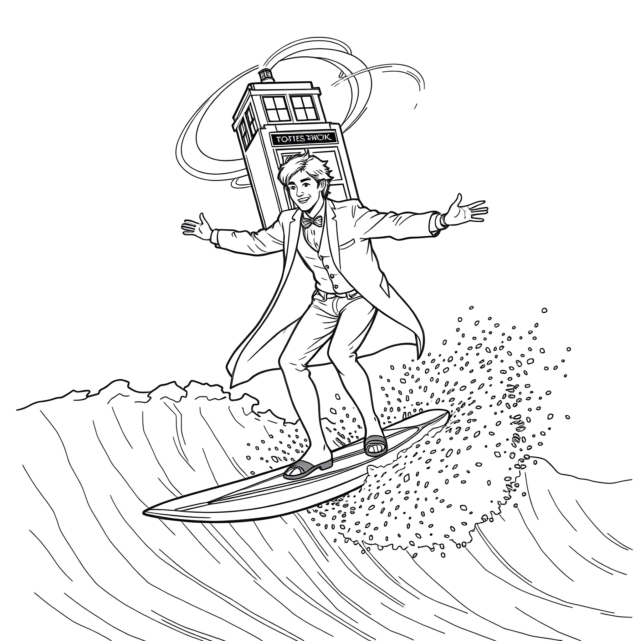 Doctor Who surfing on space-time waves with Tardis Coloring Page (free black-and-white line drawing printable PDF for all, from beginners to advanced learners, including children, teens, adults, and seniors)