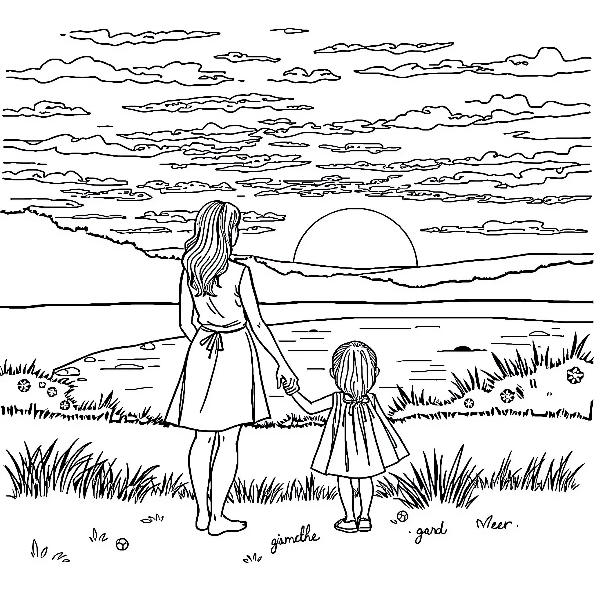 Mother and Child Enjoying Sunset on the Beach Coloring Page (free black-and-white line drawing printable PDF for all, from beginners to advanced learners, including children, teens, adults, and seniors)