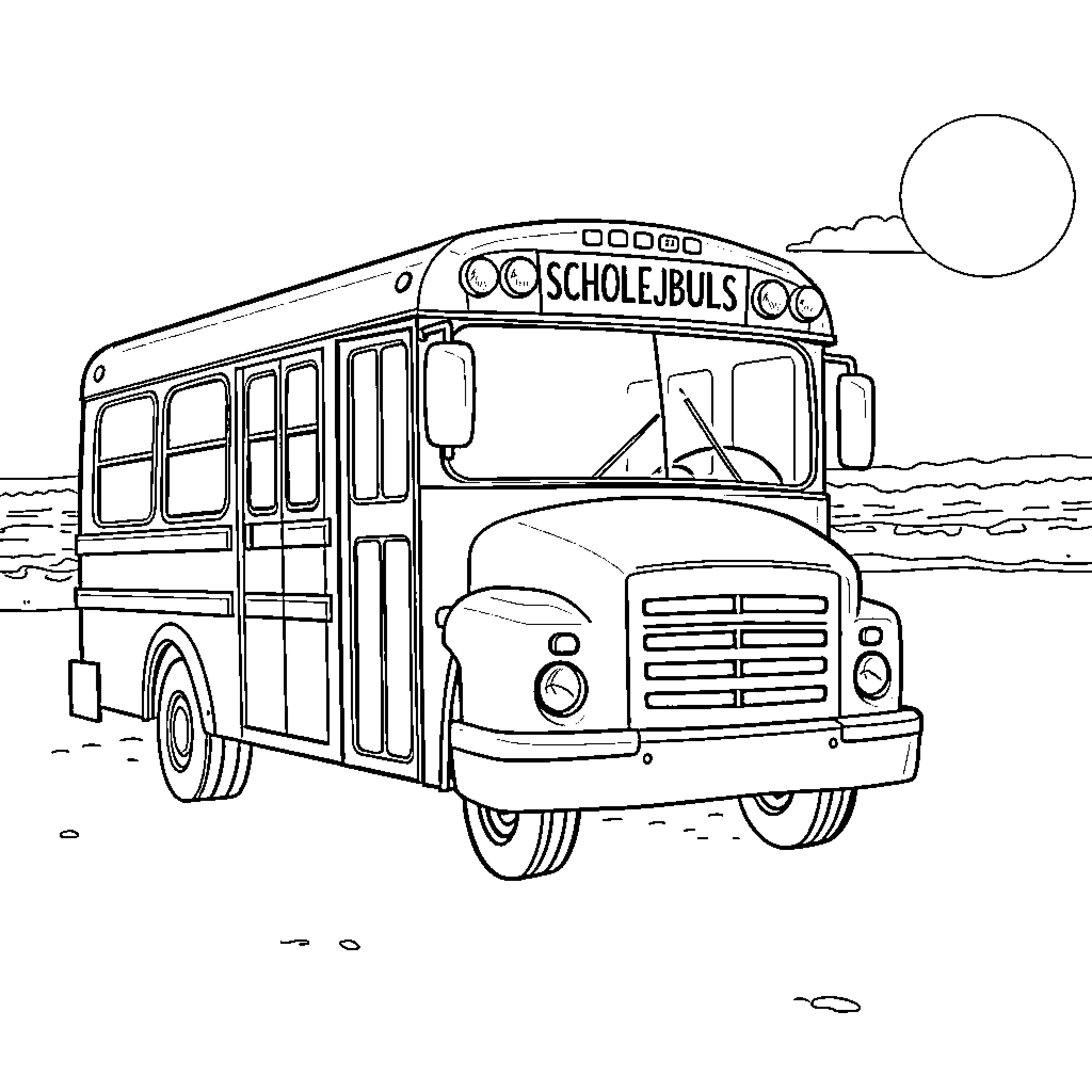 School Bus on the Road Coloring Page (free black-and-white line drawing printable PDF for all, from beginners to advanced learners, including children, teens, adults, and seniors)