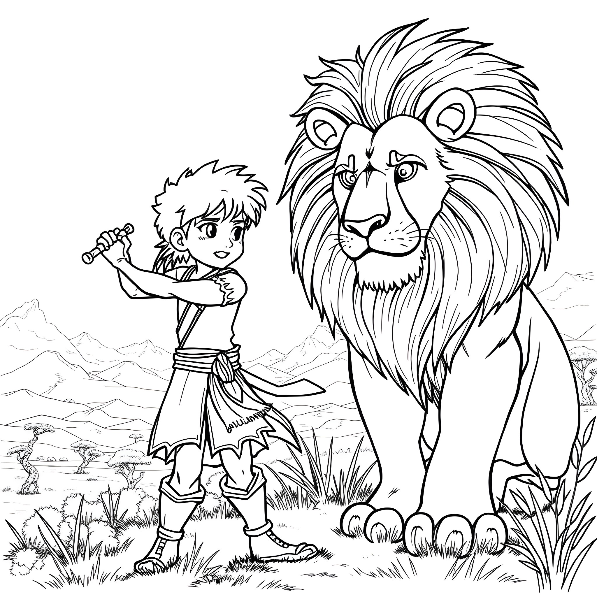 Character Exploring the Wilderness with a Lion Coloring Page (free black-and-white line drawing printable PDF for all, from beginners to advanced learners, including children, teens, adults, and seniors)
