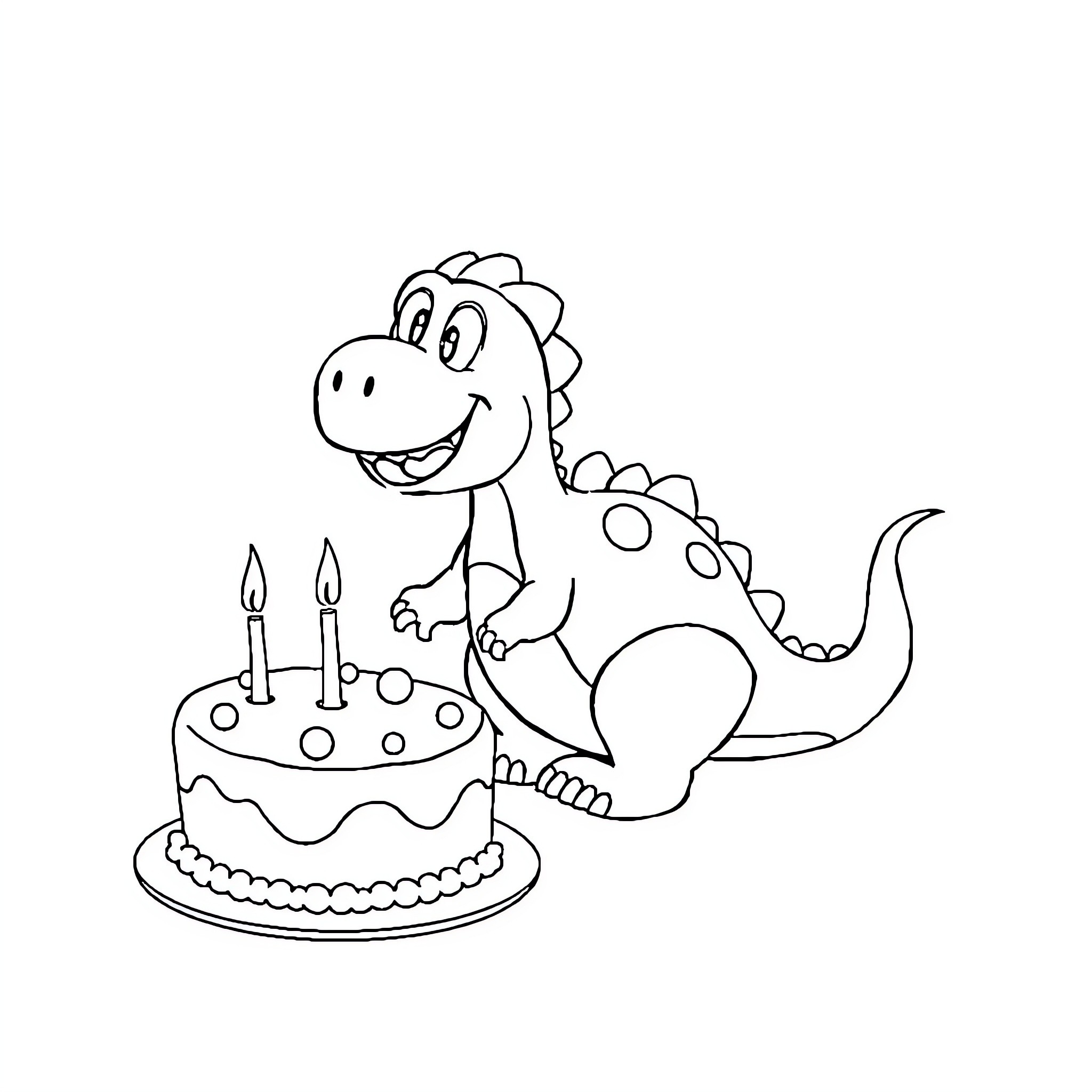Flying Dinosaur celebrating birthday with cake Coloring Page (free black-and-white line drawing printable PDF for all, from beginners to advanced learners, including children, teens, adults, and seniors)