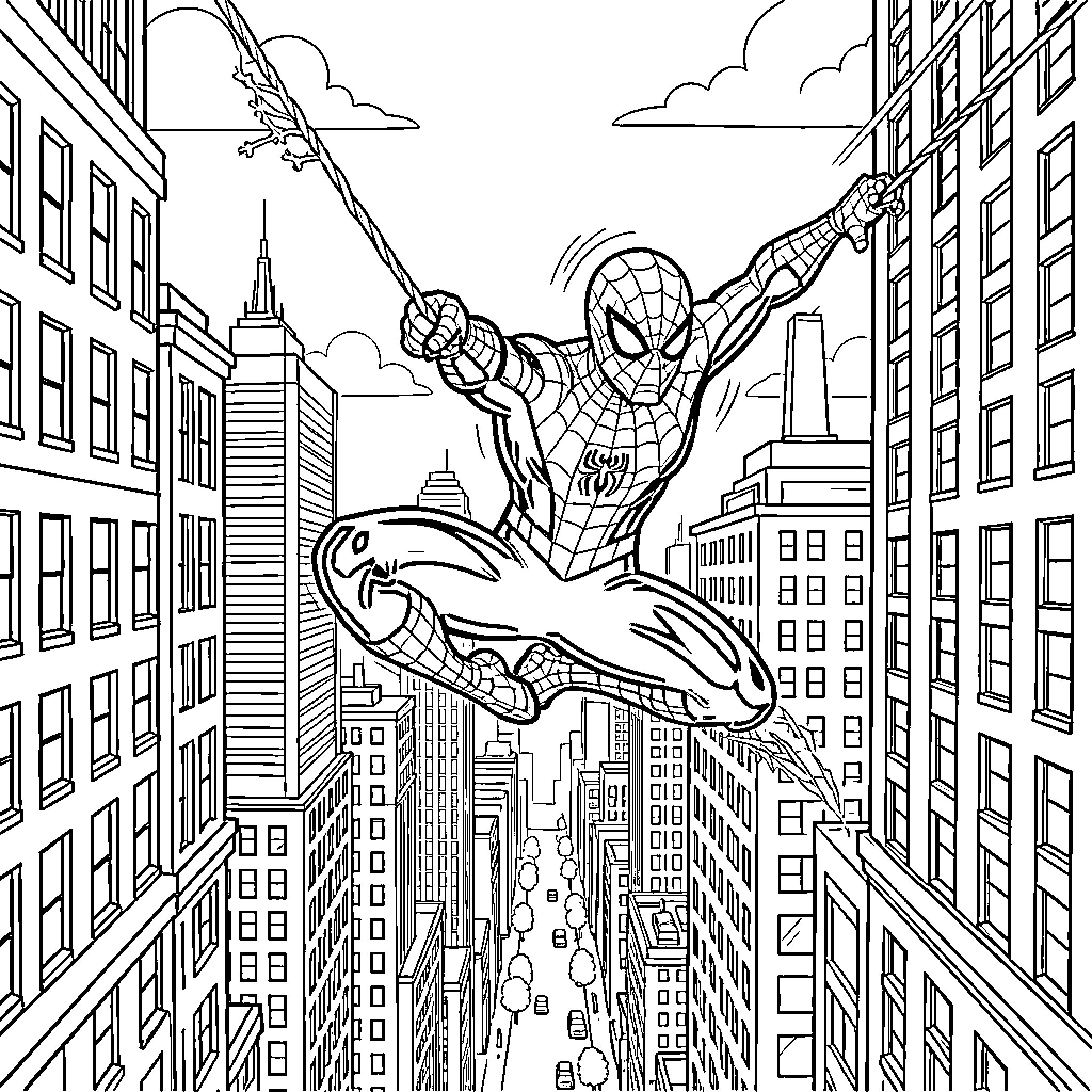Spider-Man swinging through a busy city landscape Coloring Page (free black-and-white line drawing printable PDF for all, from beginners to advanced learners, including children, teens, adults, and seniors)