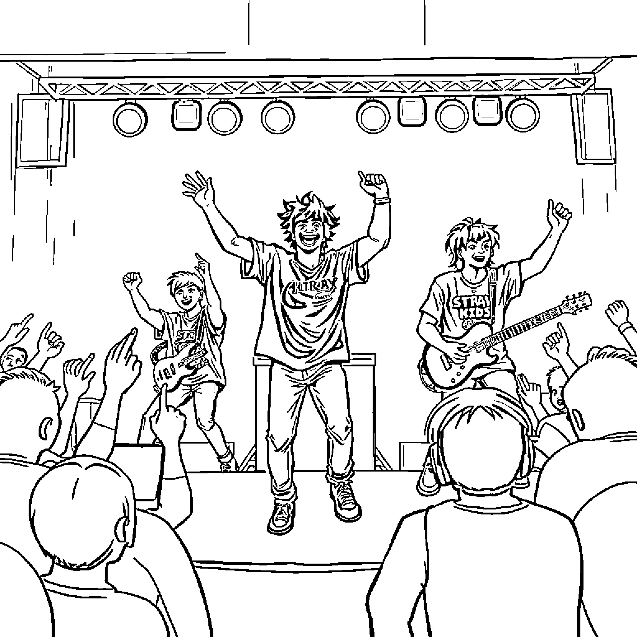 Stray Kids performing energetically on stage Coloring Page (free black-and-white line drawing printable PDF for all, from beginners to advanced learners, including children, teens, adults, and seniors)