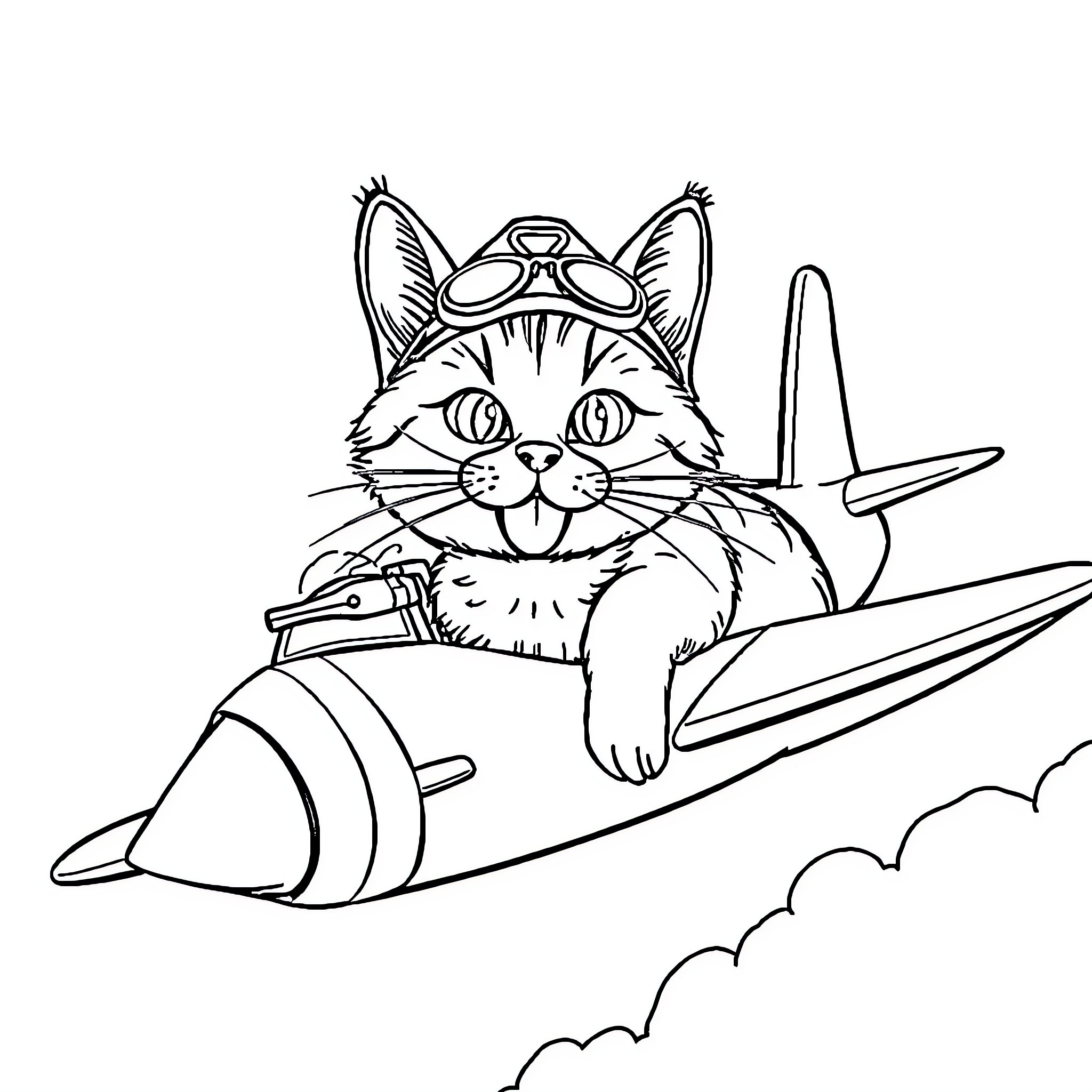 Tabby Cat Piloting Jet Plane Coloring Page (free black-and-white line drawing printable PDF for all, from beginners to advanced learners, including children, teens, adults, and seniors)