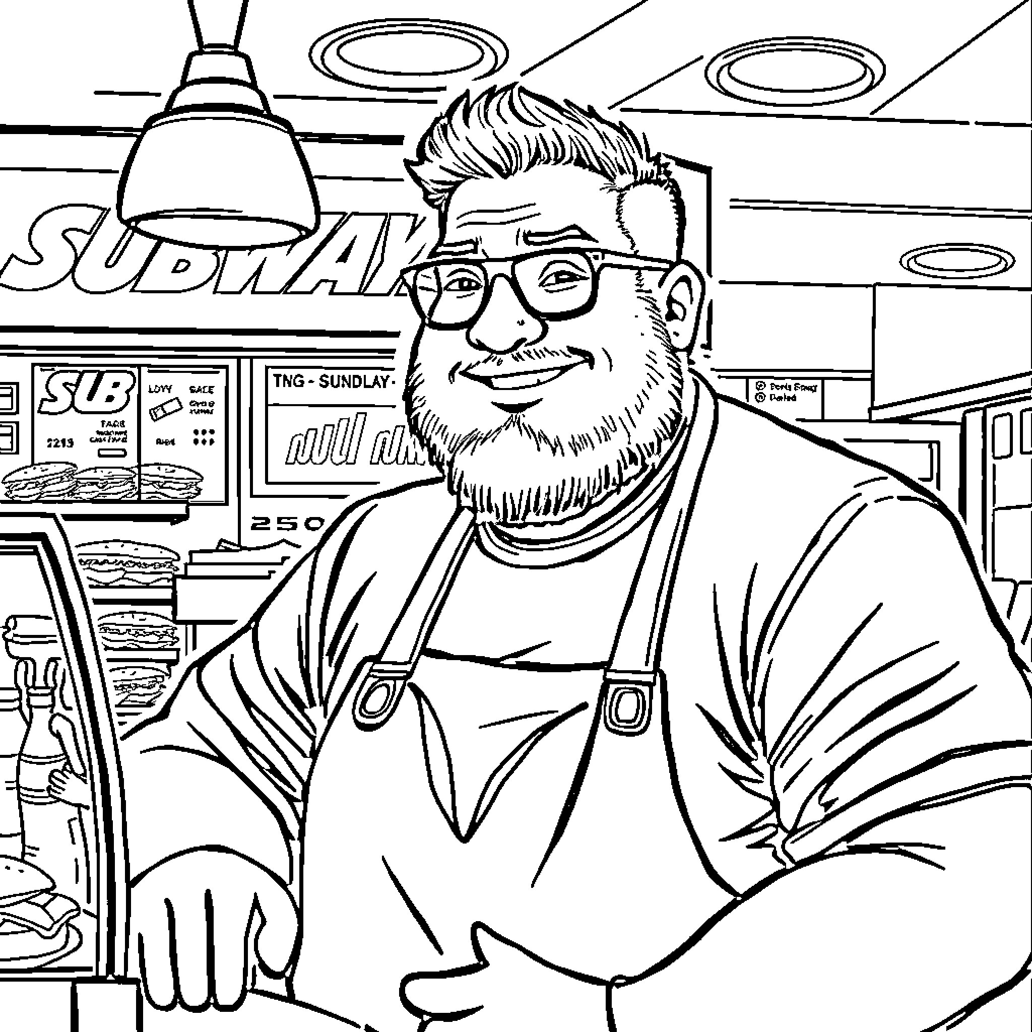Guy working happily at the Subway counter Coloring Page (free black-and-white line drawing printable PDF for all, from beginners to advanced learners, including children, teens, adults, and seniors)