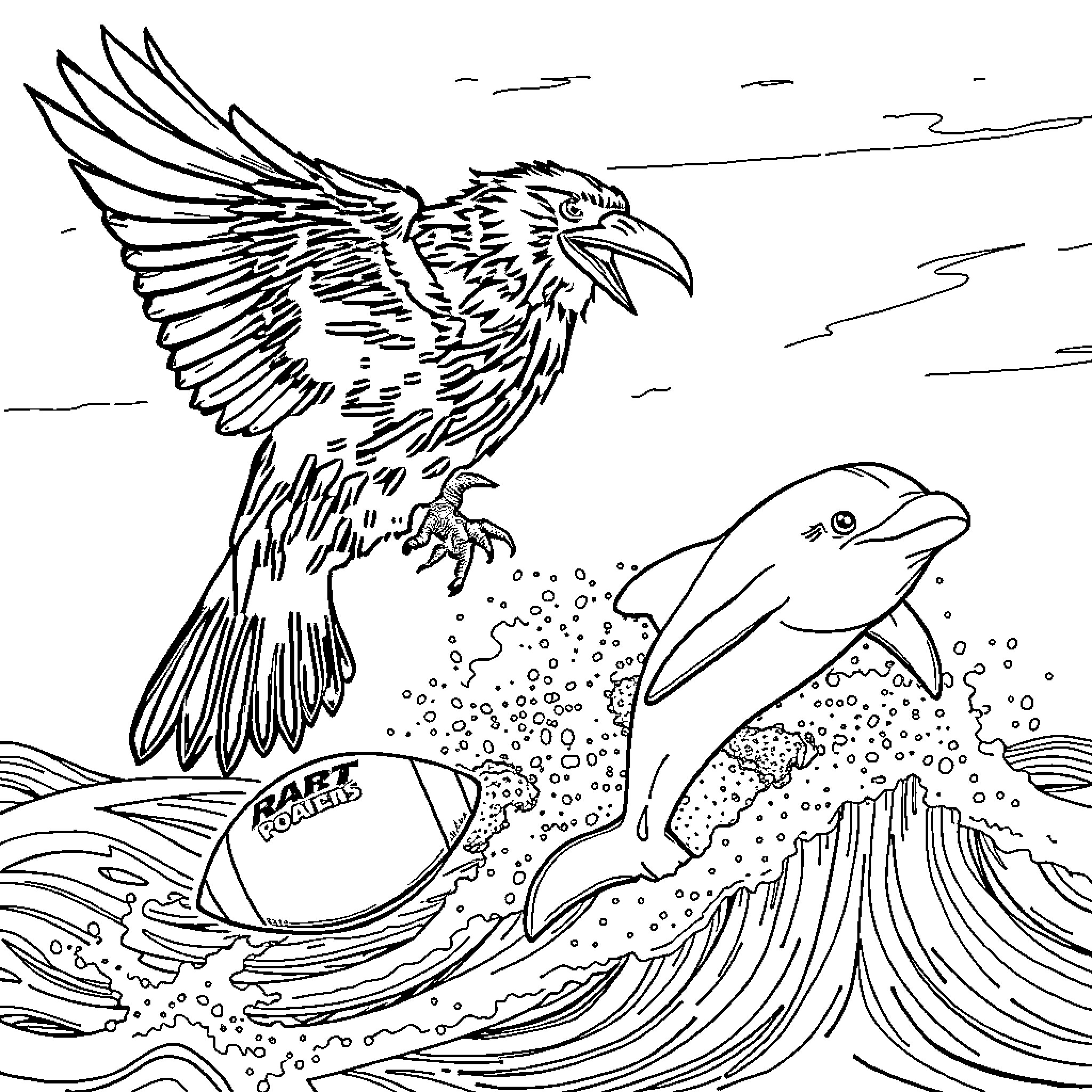 Raven soaring over turbulent sea with dolphins Coloring Page (free black-and-white line drawing printable PDF for all, from beginners to advanced learners, including children, teens, adults, and seniors)
