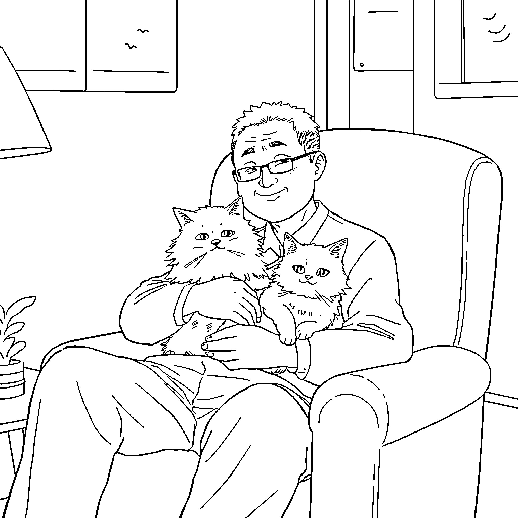 Satoru Gojo relaxing with two fluffy cats Coloring Page (free black-and-white line drawing printable PDF for all, from beginners to advanced learners, including children, teens, adults, and seniors)