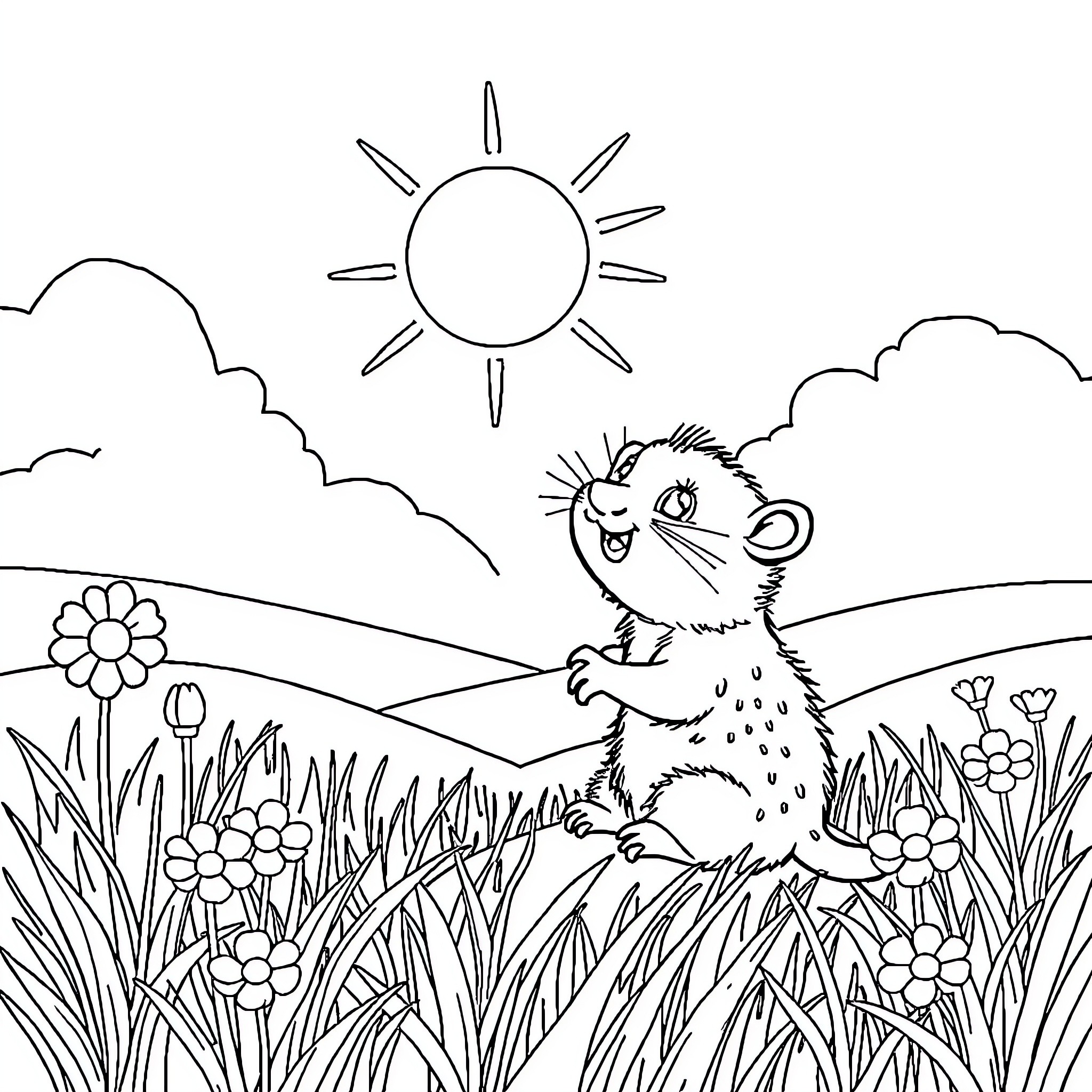 Sun shining on happy animal in lush meadow Coloring Page (free black-and-white line drawing printable PDF for all, from beginners to advanced learners, including children, teens, adults, and seniors)