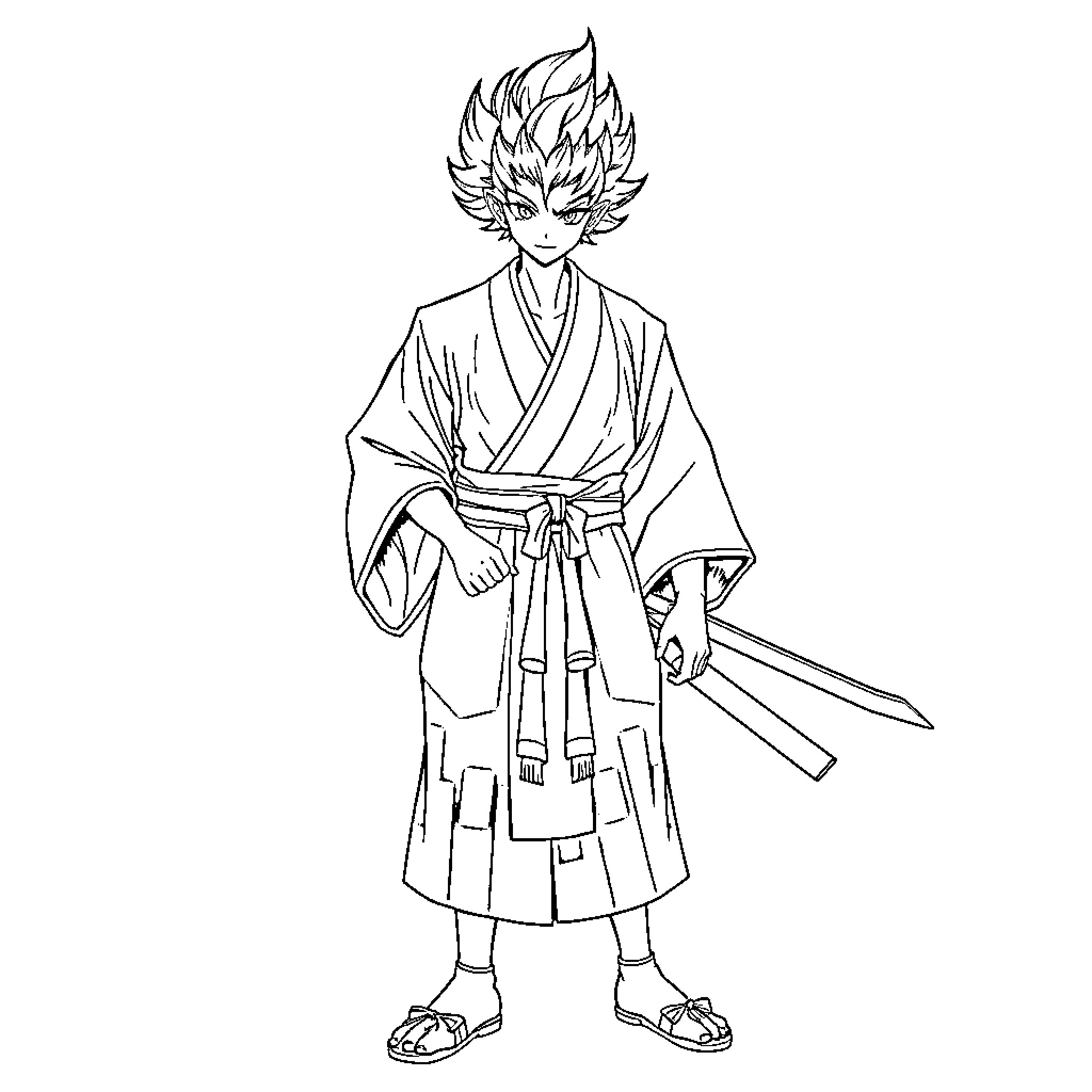 Rengoku's Fierce Samurai Attire Coloring Page (free black-and-white line drawing printable PDF for all, from beginners to advanced learners, including children, teens, adults, and seniors)