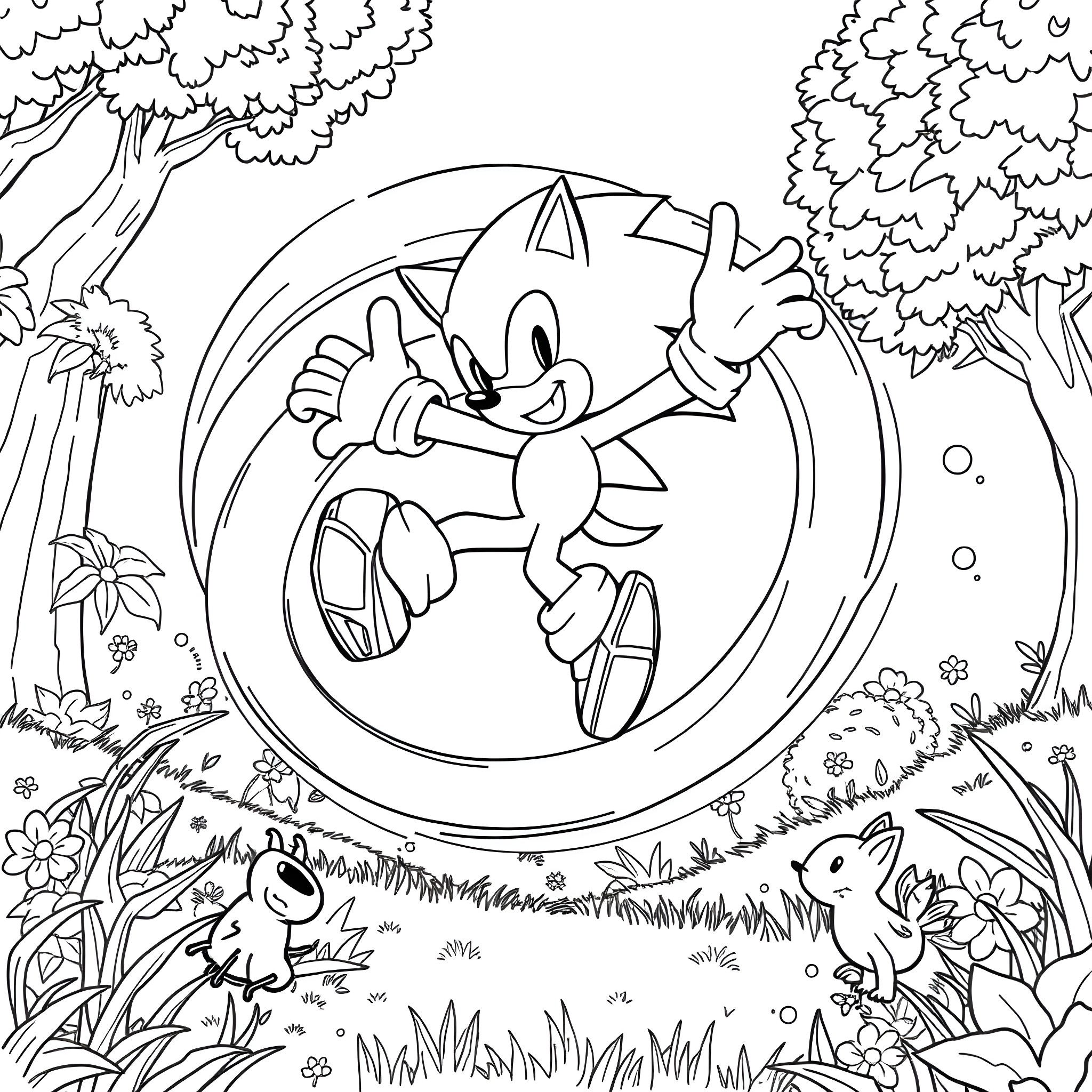 Sonic Dashing Through the Enchanted Forest Coloring Page (free black-and-white line drawing printable PDF for all, from beginners to advanced learners, including children, teens, adults, and seniors)