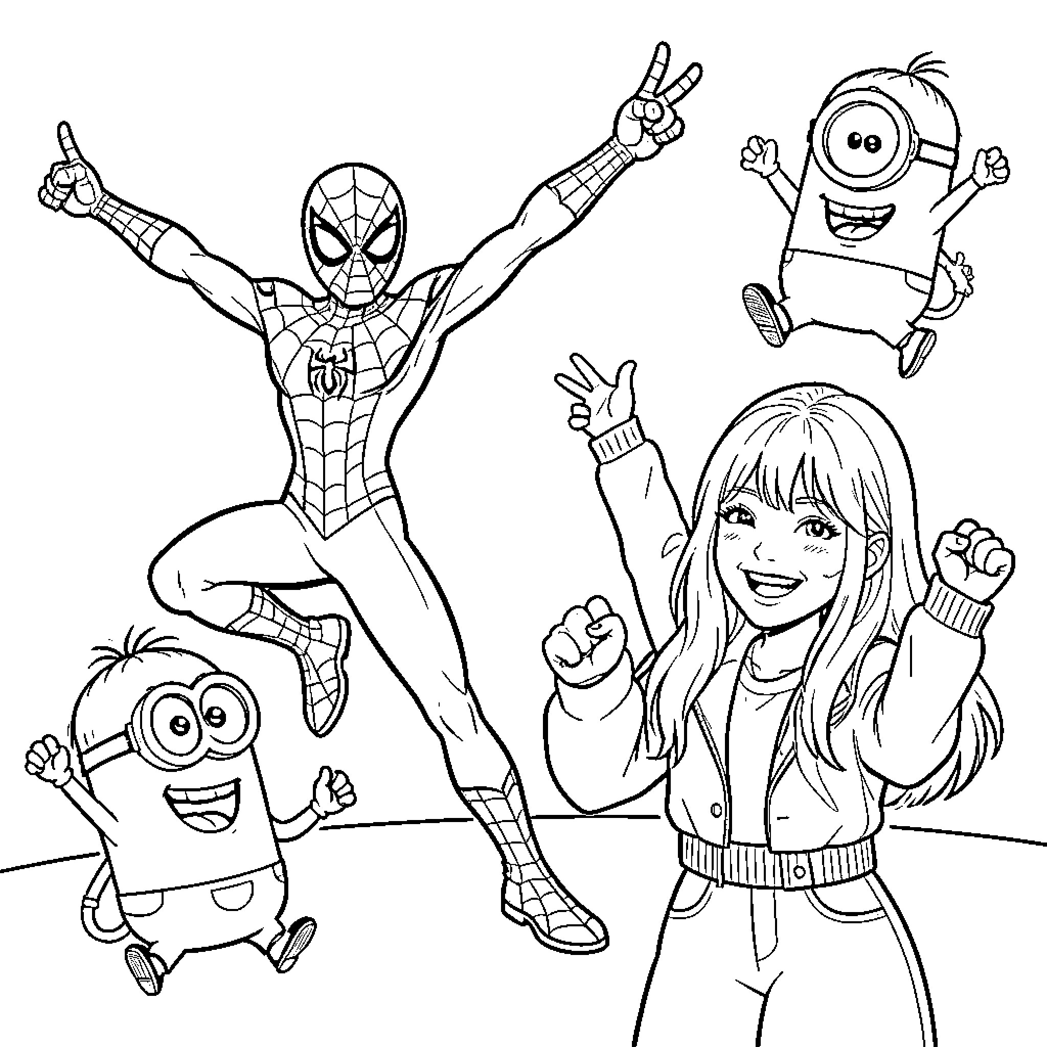 Spidey and Friends in Exciting Poses Coloring Page (free black-and-white line drawing printable PDF for all, from beginners to advanced learners, including children, teens, adults, and seniors)