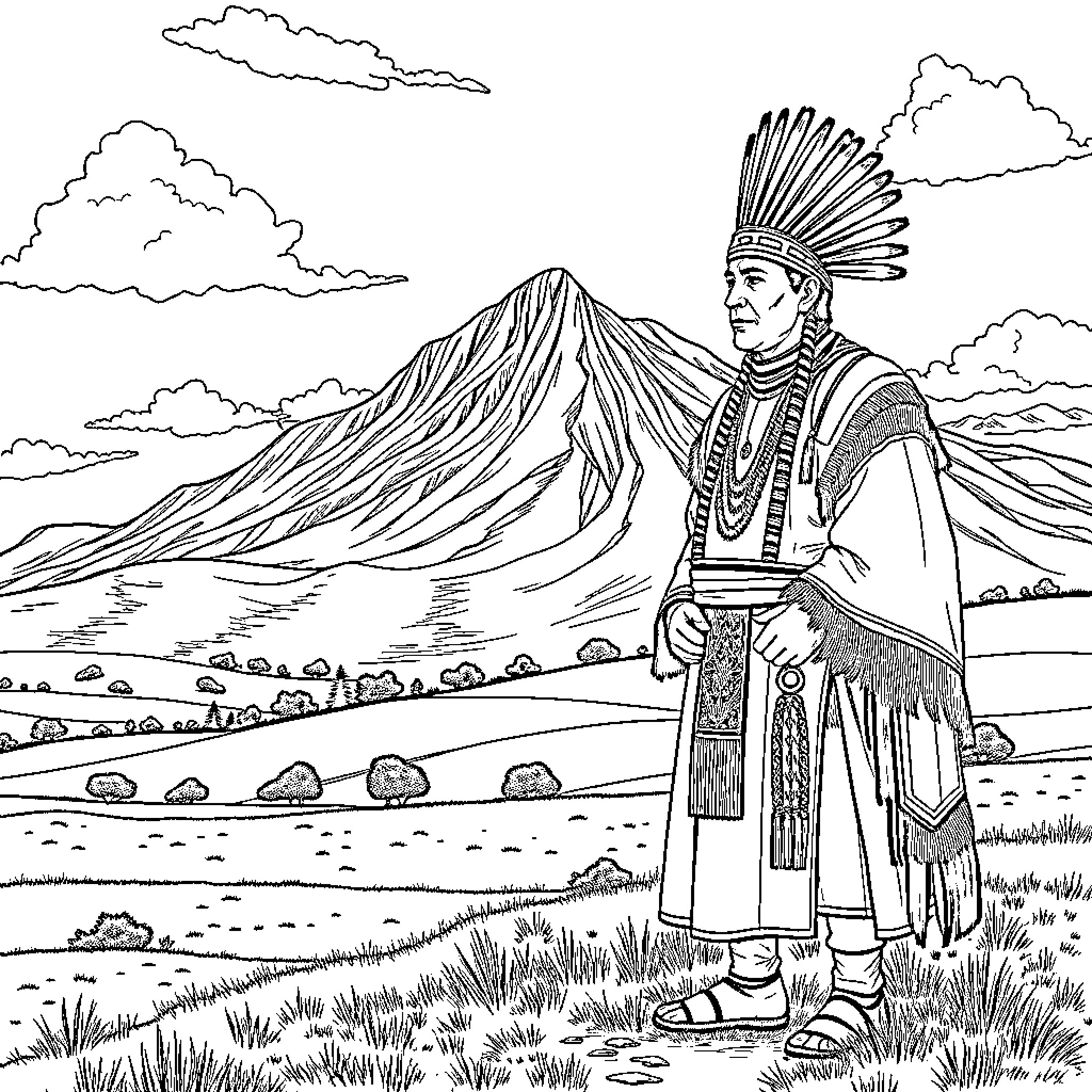 Moshoeshoe in Traditional Regalia Amid Mountainous Landscape Coloring Page (free black-and-white line drawing printable PDF for all, from beginners to advanced learners, including children, teens, adults, and seniors)