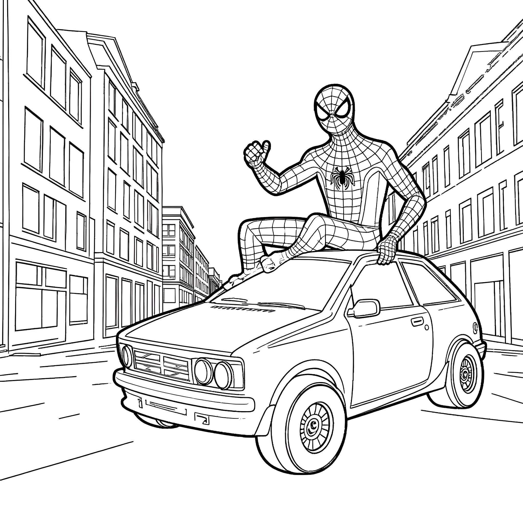 Spiderman swinging through the city on a car Coloring Page (free black-and-white line drawing printable PDF for all, from beginners to advanced learners, including children, teens, adults, and seniors)