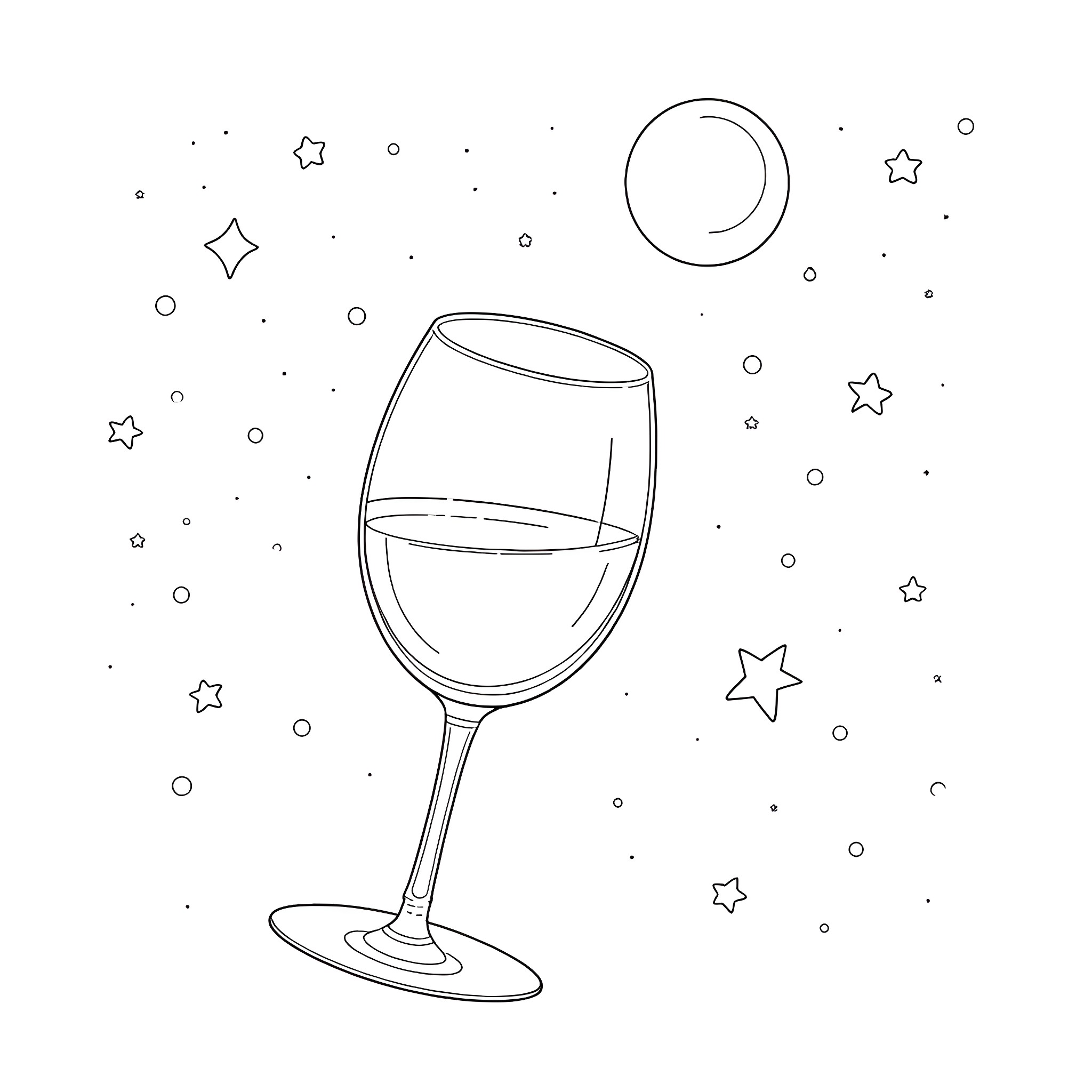 Glass of Wine Under Starry Night Sky Coloring Page (free black-and-white line drawing printable PDF for all, from beginners to advanced learners, including children, teens, adults, and seniors)
