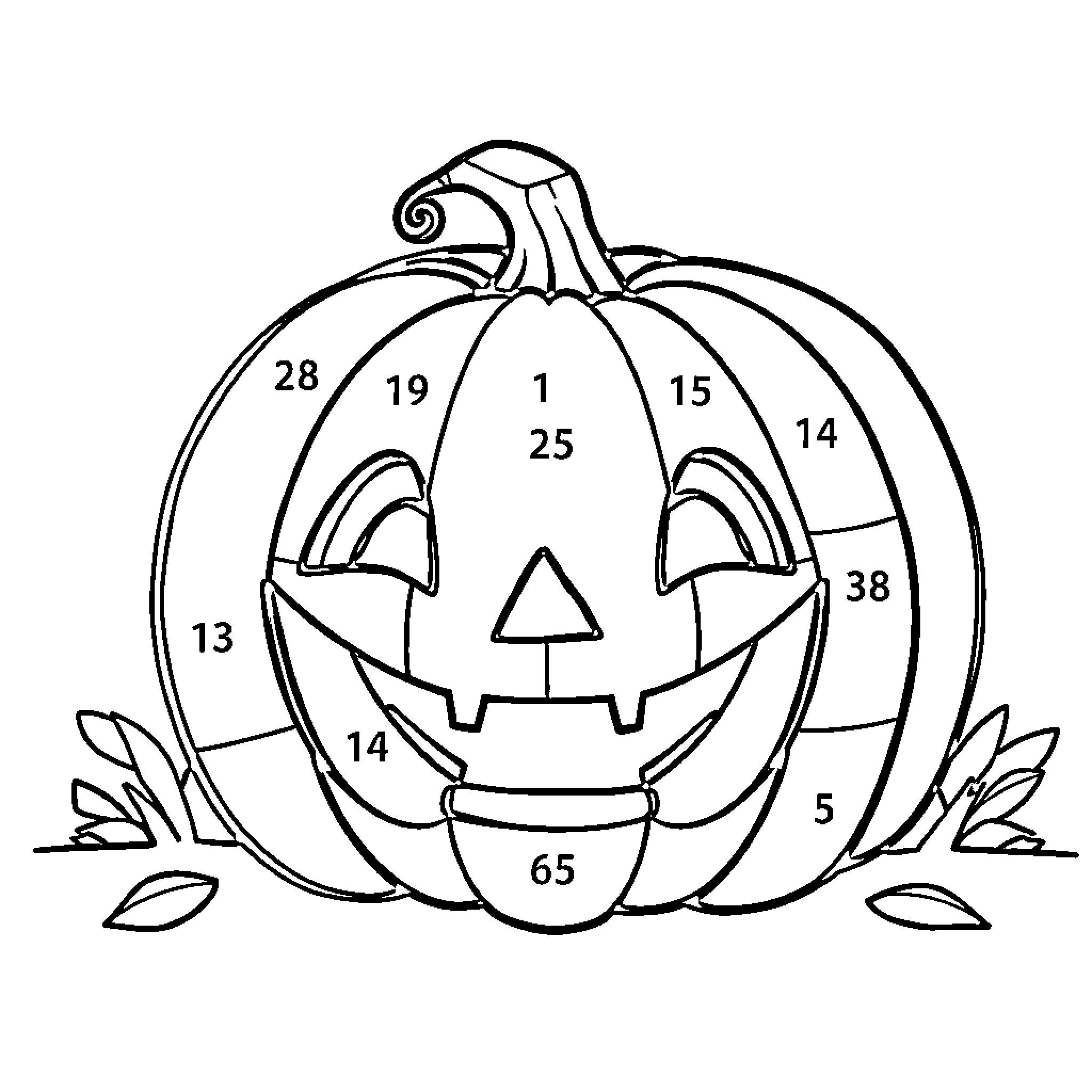 Pumpkin with funny expression and numbered parts Coloring Page (free black-and-white line drawing printable PDF for all, from beginners to advanced learners, including children, teens, adults, and seniors)