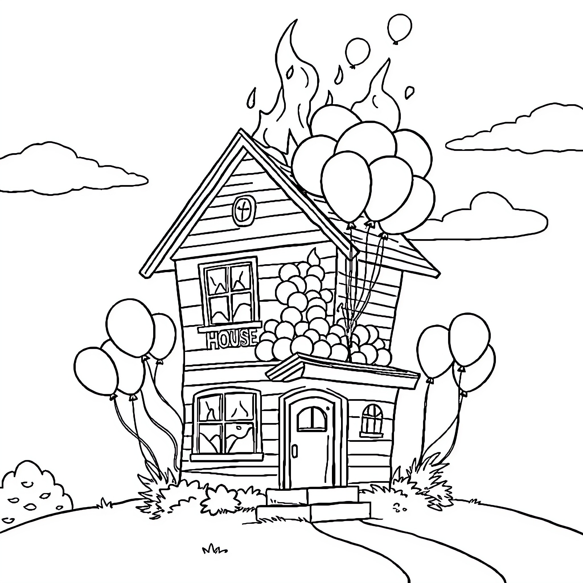 House with Balloons and Decorations Coloring Page (free black-and-white line drawing printable PDF for all, from beginners to advanced learners, including children, teens, adults, and seniors)