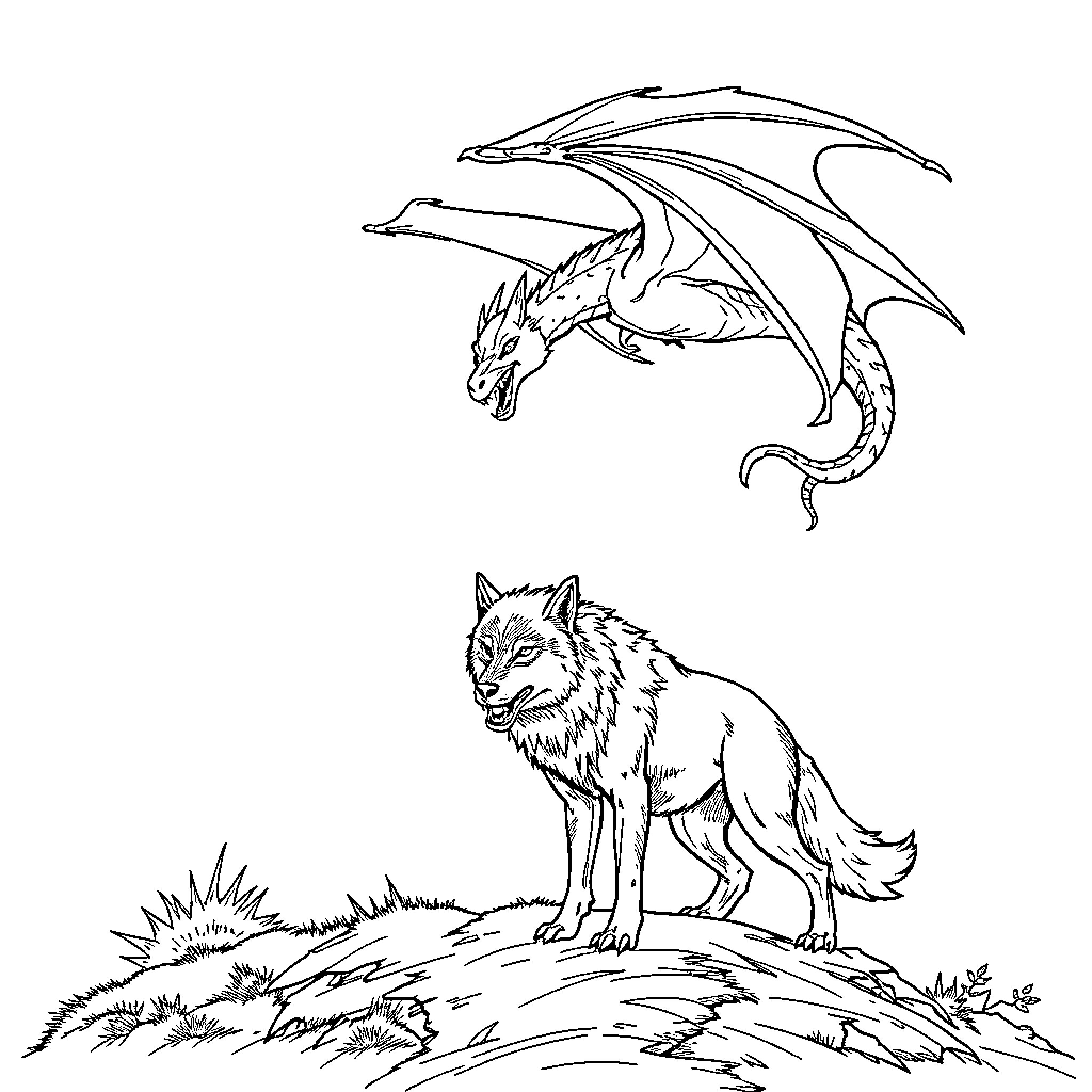 Dragon soaring over majestic wolf on rocky outcrop Coloring Page (free black-and-white line drawing printable PDF for all, from beginners to advanced learners, including children, teens, adults, and seniors)
